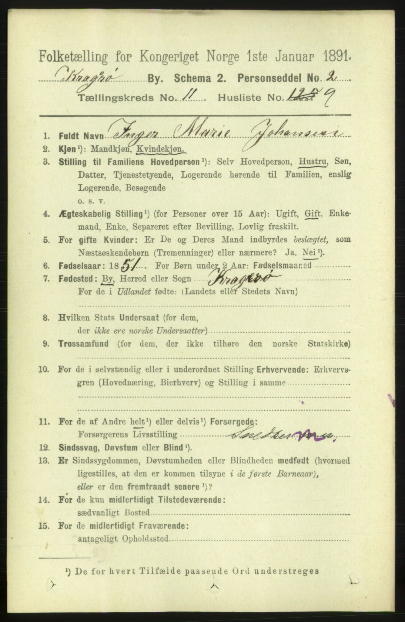 RA, 1891 census for 0801 Kragerø, 1891, p. 3909