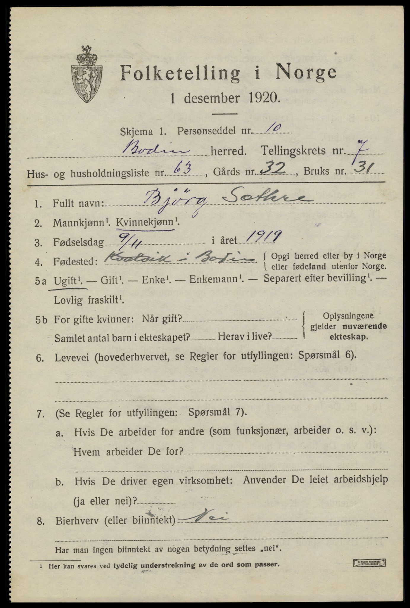 SAT, 1920 census for Bodin, 1920, p. 5708