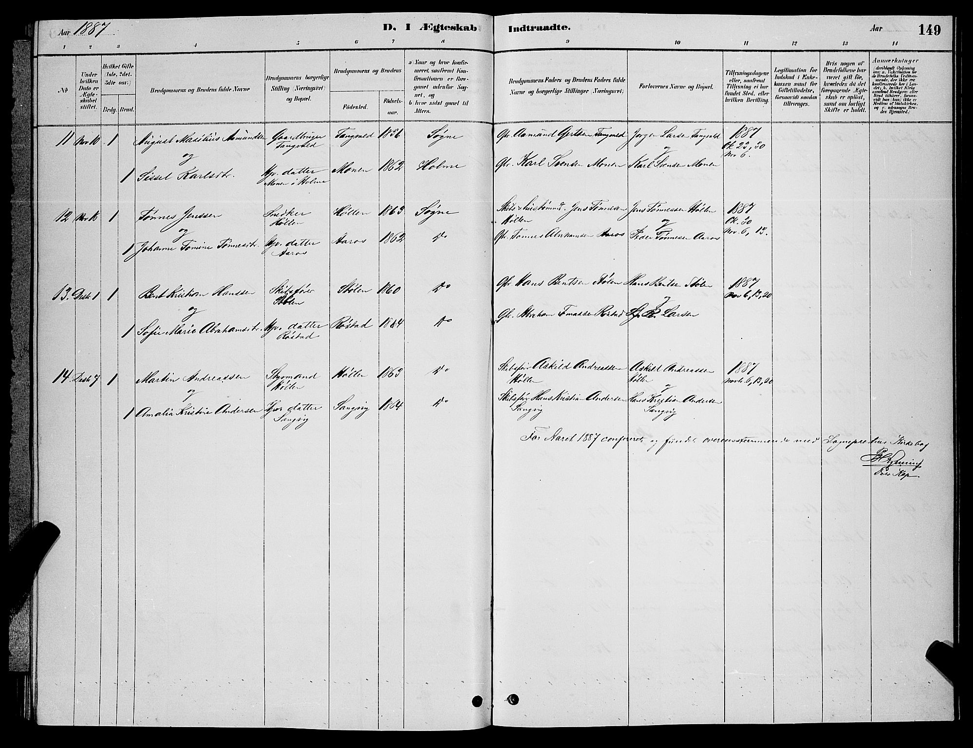 Søgne sokneprestkontor, SAK/1111-0037/F/Fb/Fbb/L0005: Parish register (copy) no. B 5, 1884-1891, p. 149