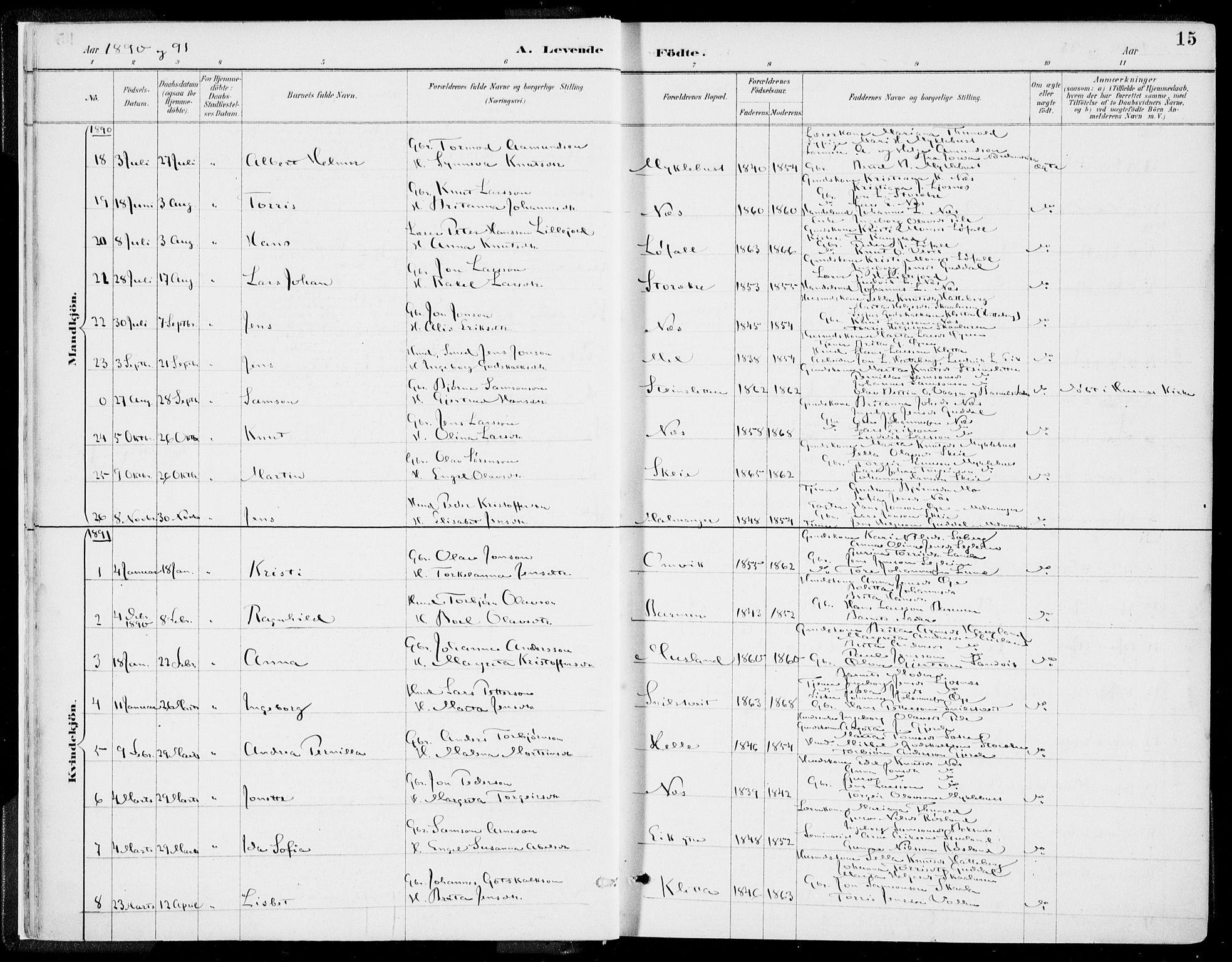 Kvinnherad sokneprestembete, AV/SAB-A-76401/H/Haa: Parish register (official) no. B  1, 1887-1921, p. 15
