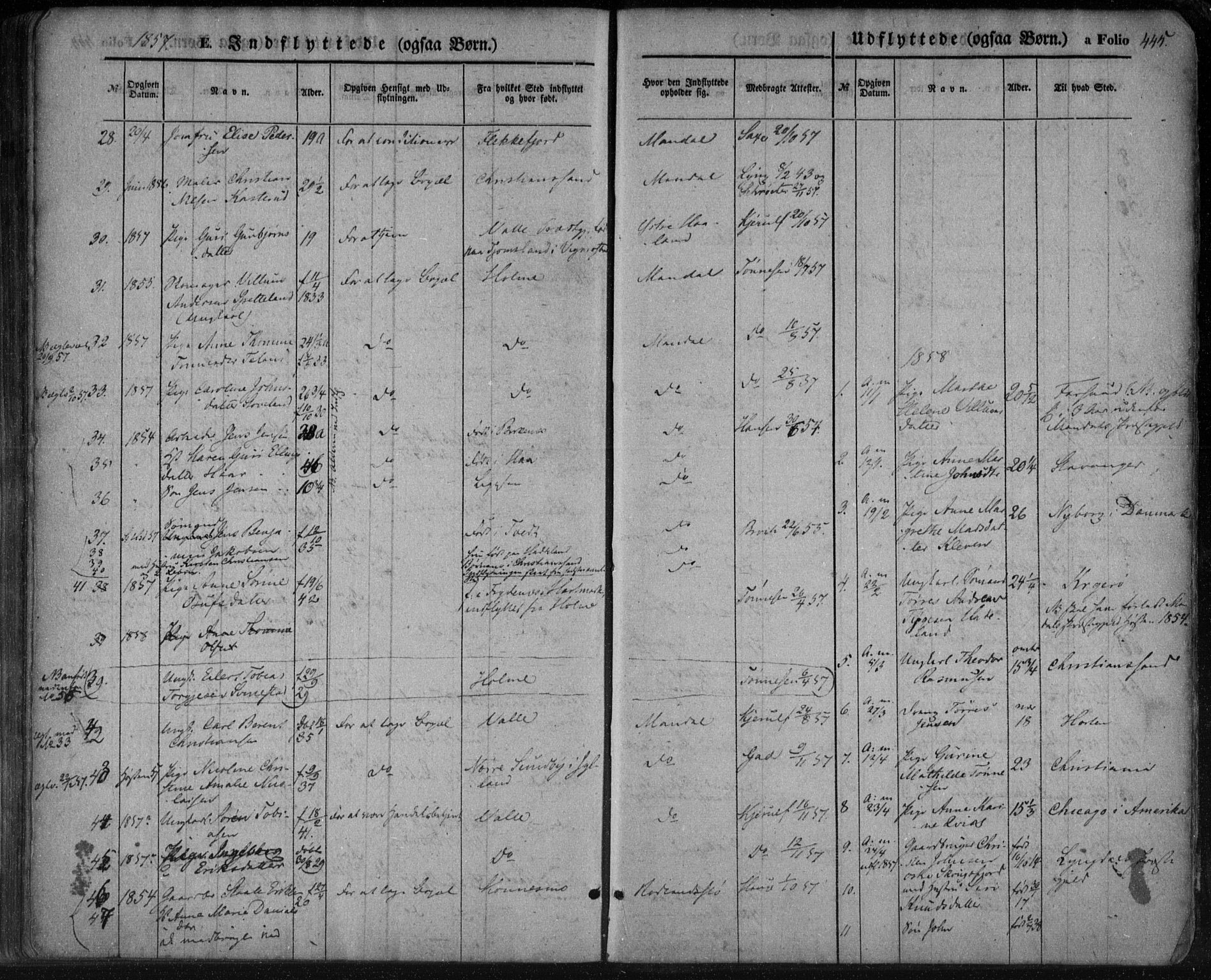 Mandal sokneprestkontor, SAK/1111-0030/F/Fa/Faa/L0013: Parish register (official) no. A 13, 1847-1859, p. 445