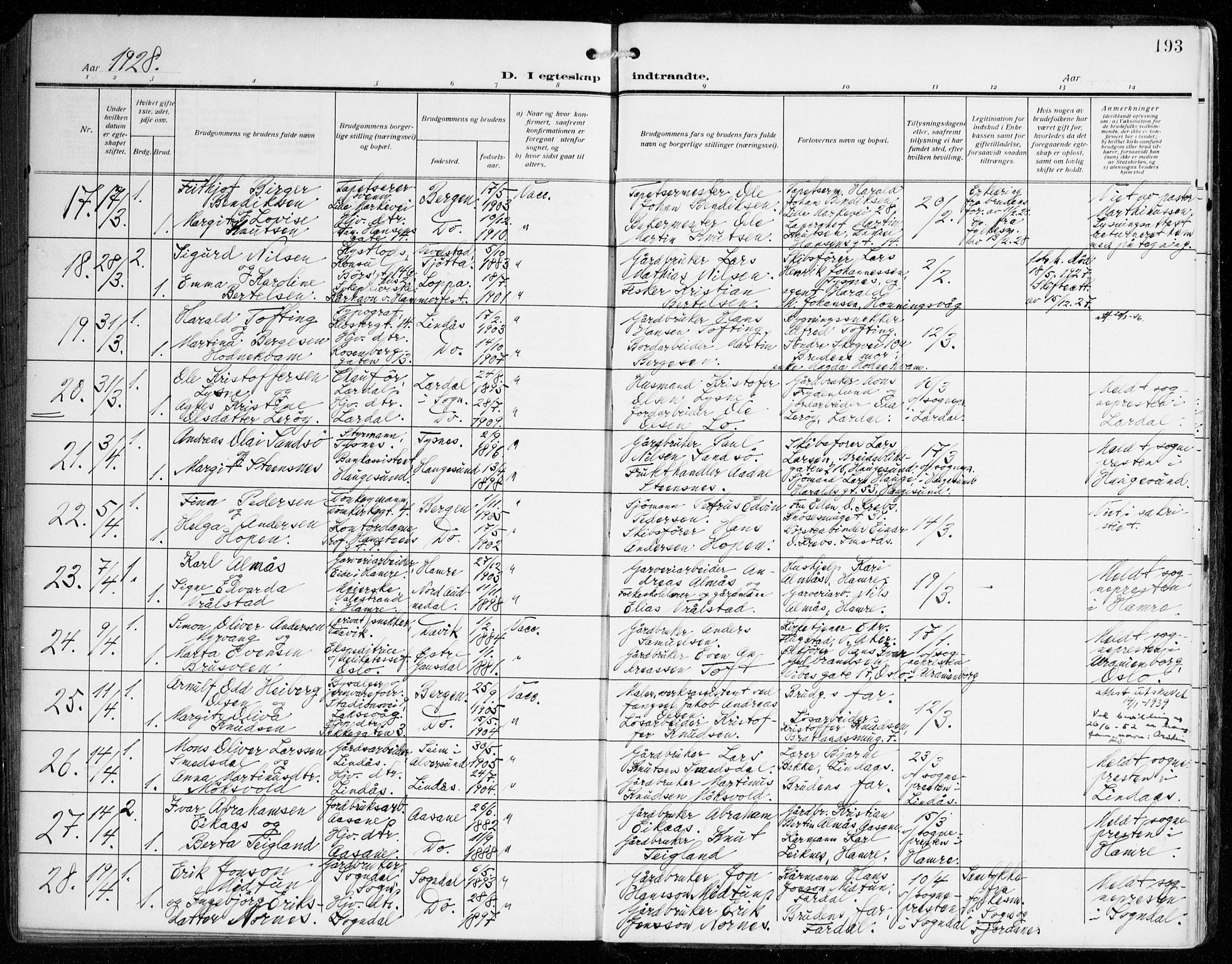 Johanneskirken sokneprestembete, AV/SAB-A-76001/H/Haa/L0013: Parish register (official) no. D 2, 1912-1929, p. 193