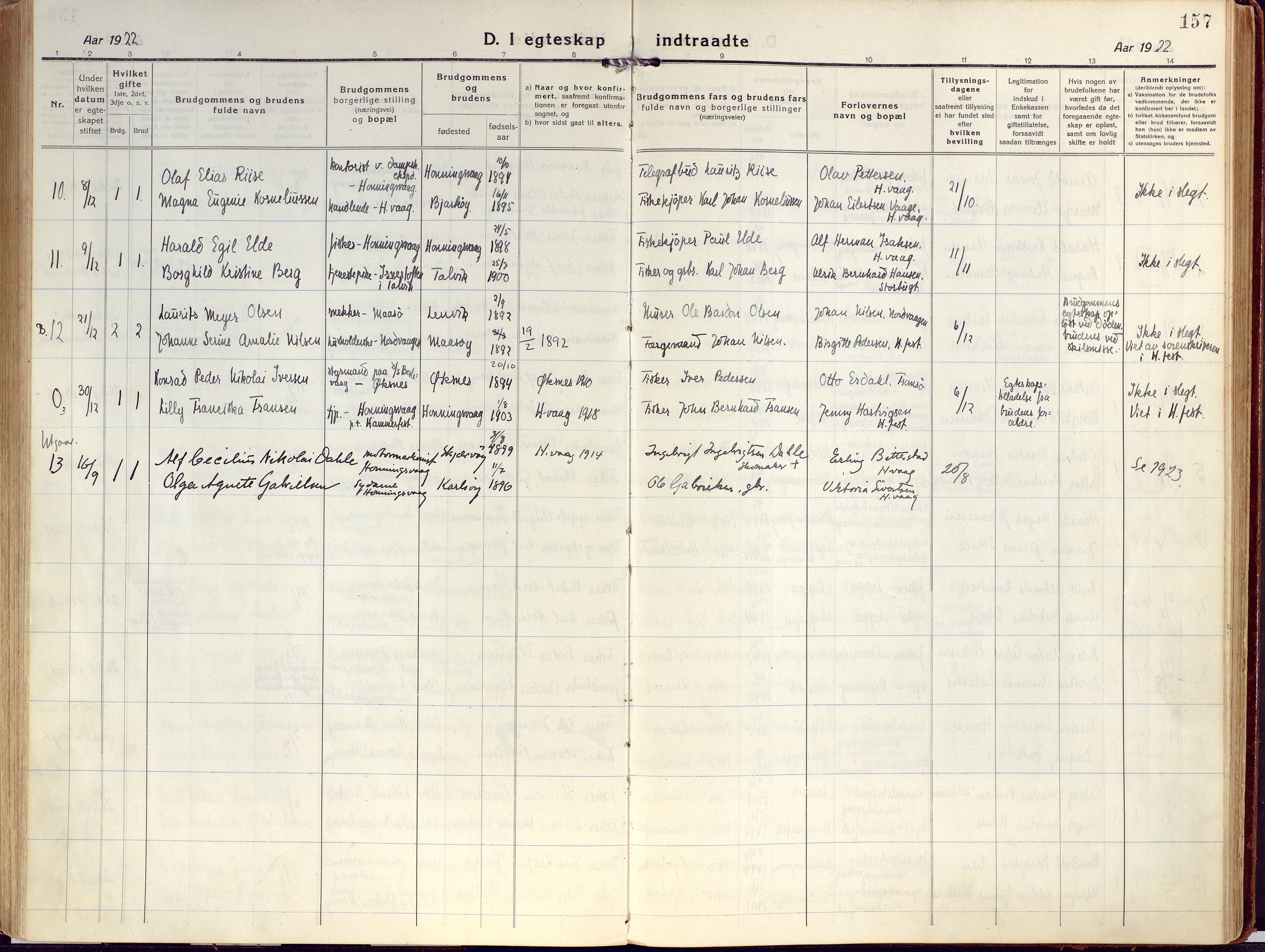 Kjelvik/Nordkapp sokneprestkontor, AV/SATØ-S-1350/H/Ha/L0002kirke: Parish register (official) no. 2, 1920-1929, p. 157