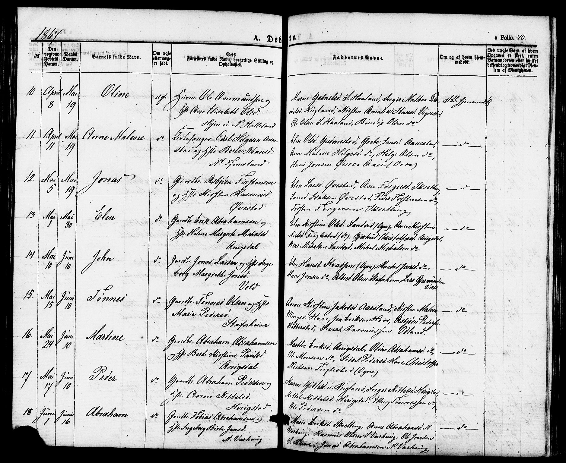 Hå sokneprestkontor, AV/SAST-A-101801/001/30BA/L0009: Parish register (official) no. A 8, 1855-1878, p. 70