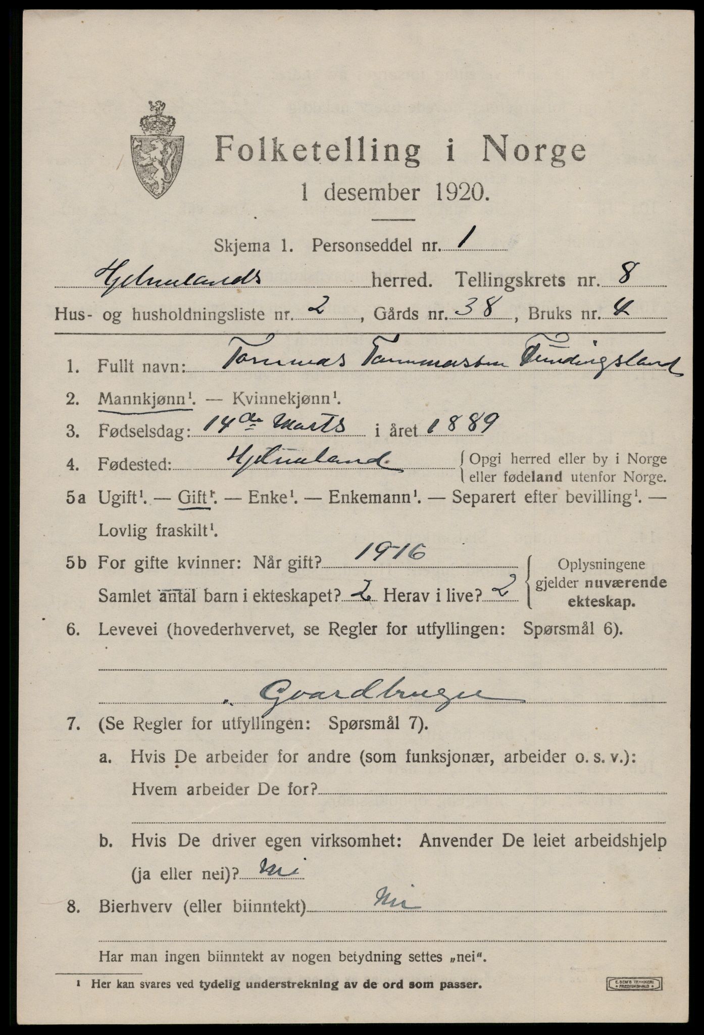 SAST, 1920 census for Hjelmeland, 1920, p. 2457