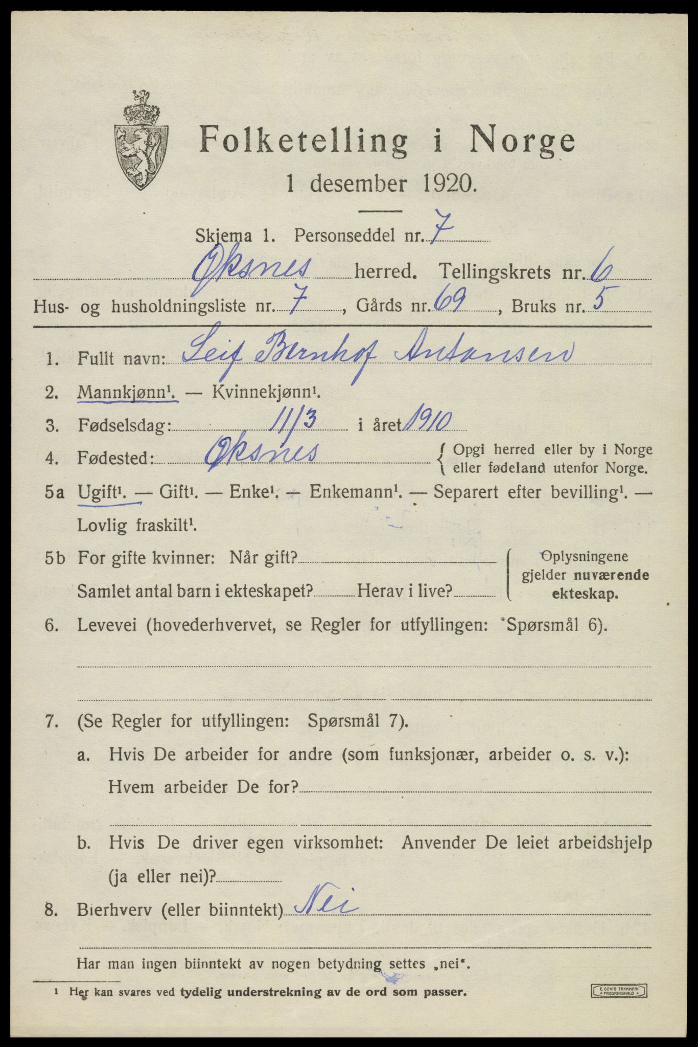 SAT, 1920 census for Øksnes, 1920, p. 4960