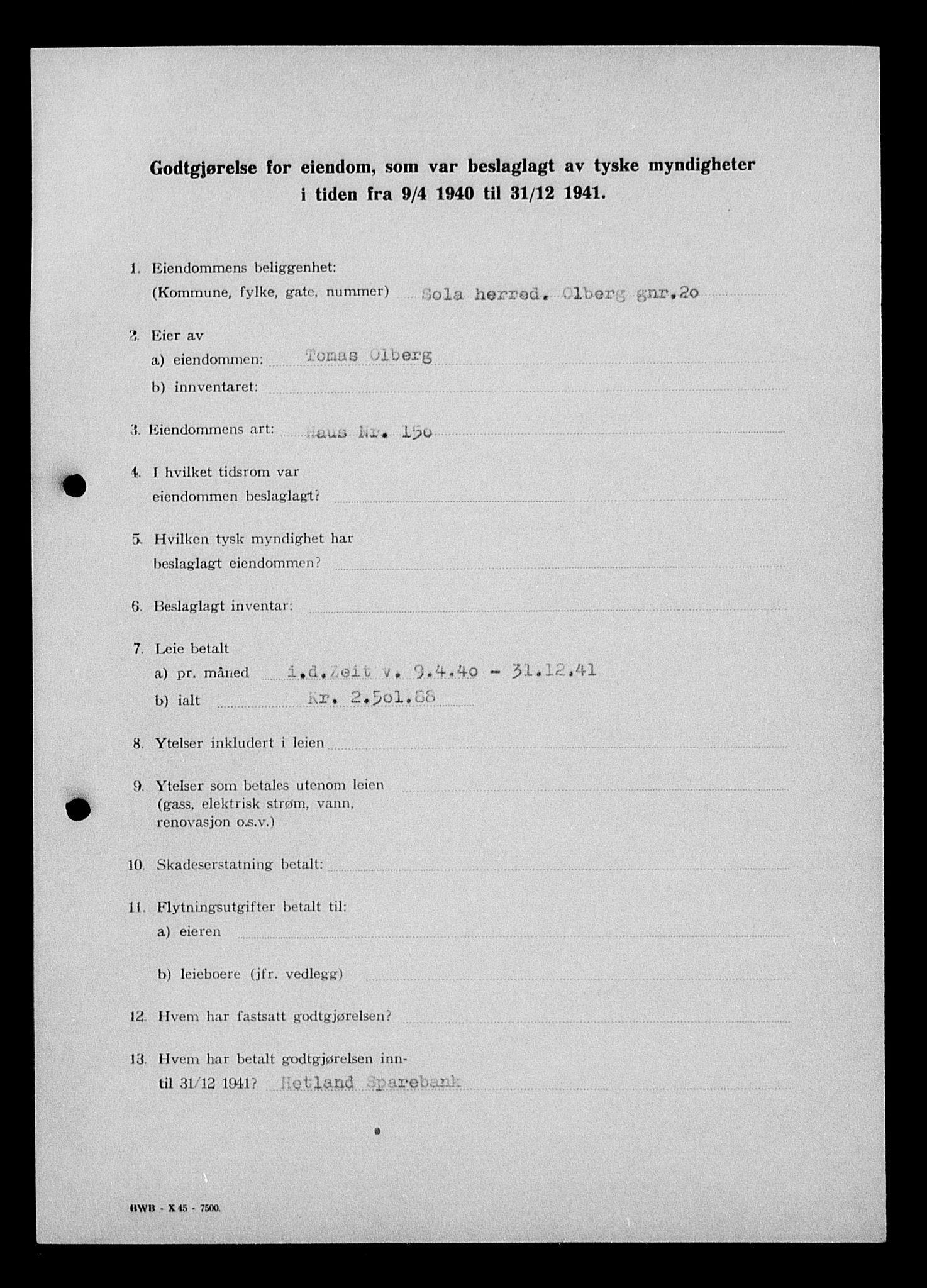 Justisdepartementet, Tilbakeføringskontoret for inndratte formuer, AV/RA-S-1564/I/L1015: Godtgjørelse for beslaglagt eiendom, 1940-1941, p. 45