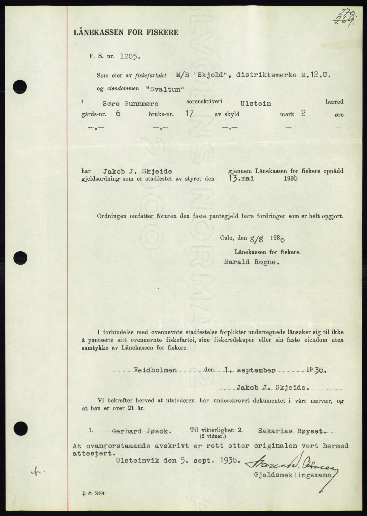 Søre Sunnmøre sorenskriveri, AV/SAT-A-4122/1/2/2C/L0061: Mortgage book no. 55, 1936-1936, Diary no: : 1253/1936