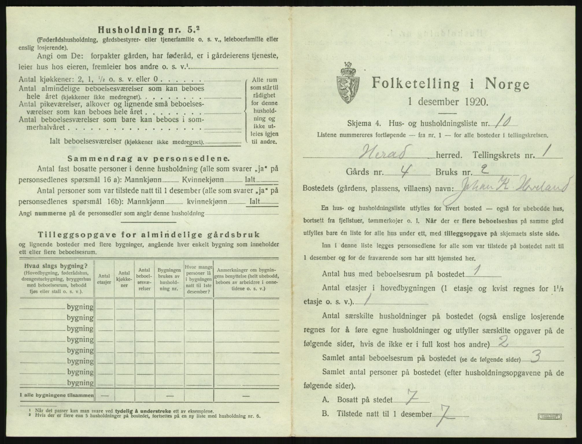 SAK, 1920 census for Herad, 1920, p. 40