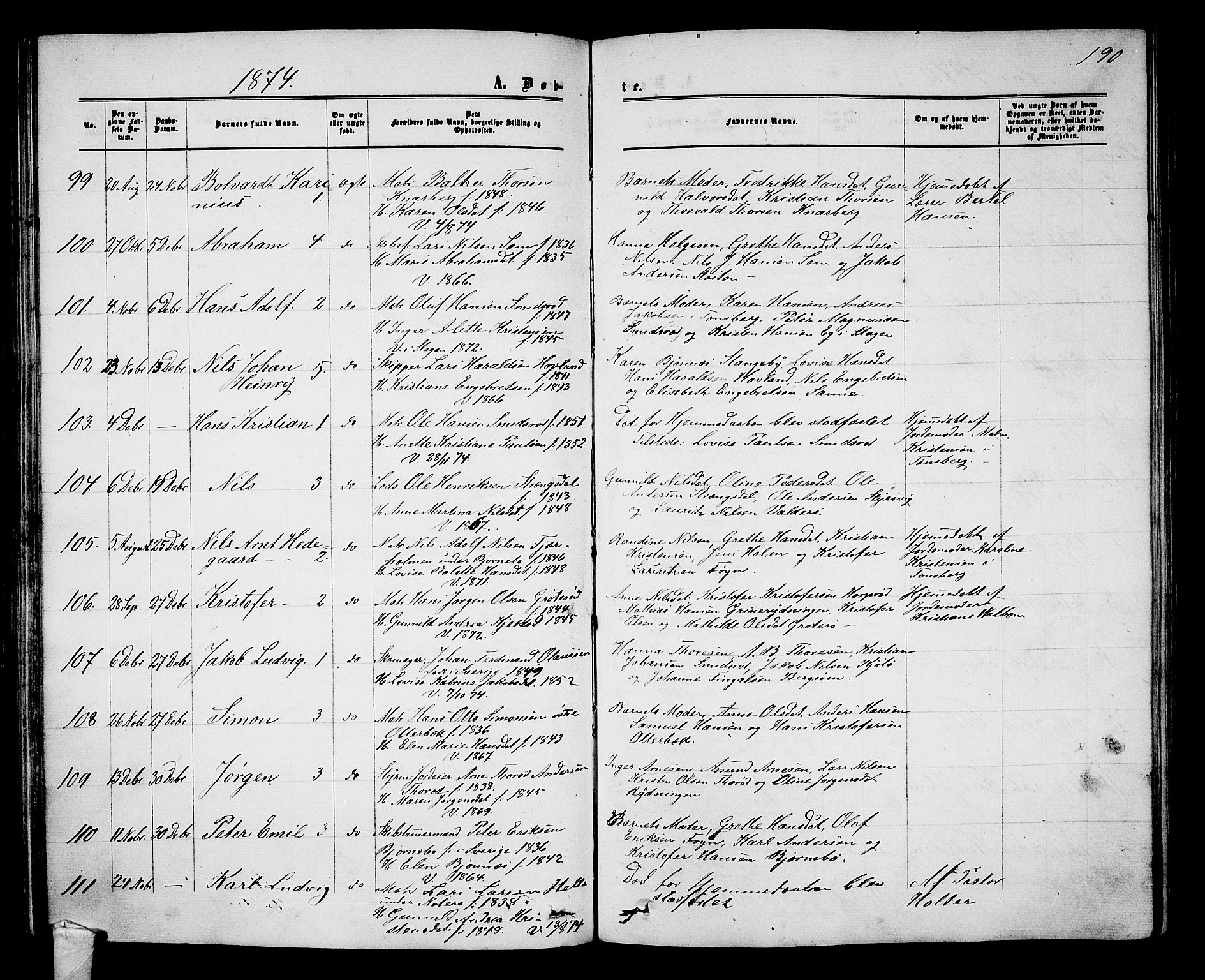 Nøtterøy kirkebøker, AV/SAKO-A-354/G/Ga/L0002: Parish register (copy) no. I 2, 1860-1877, p. 190