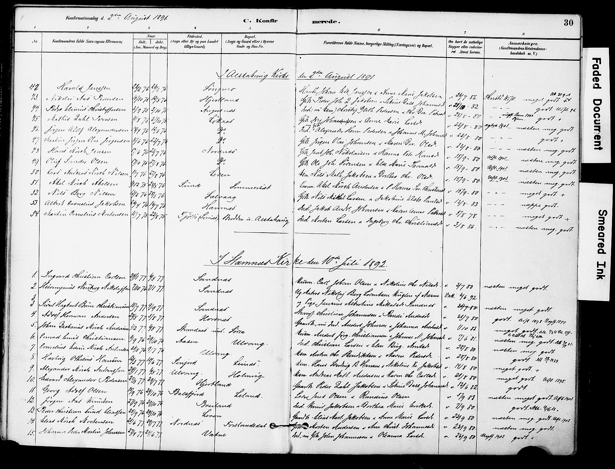 Ministerialprotokoller, klokkerbøker og fødselsregistre - Nordland, AV/SAT-A-1459/830/L0450: Parish register (official) no. 830A14, 1879-1896, p. 30