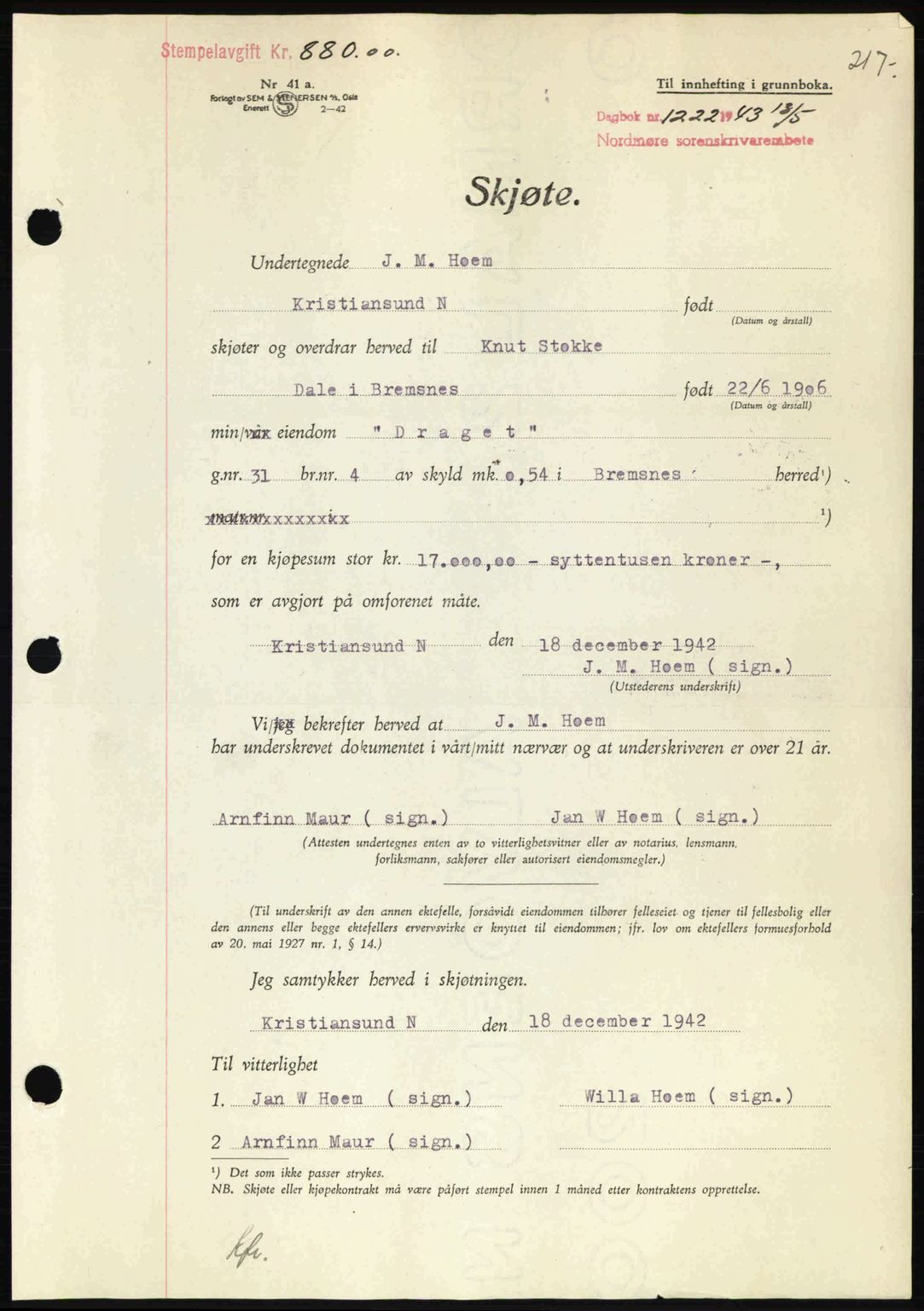 Nordmøre sorenskriveri, AV/SAT-A-4132/1/2/2Ca: Mortgage book no. A95, 1943-1943, Diary no: : 1222/1943