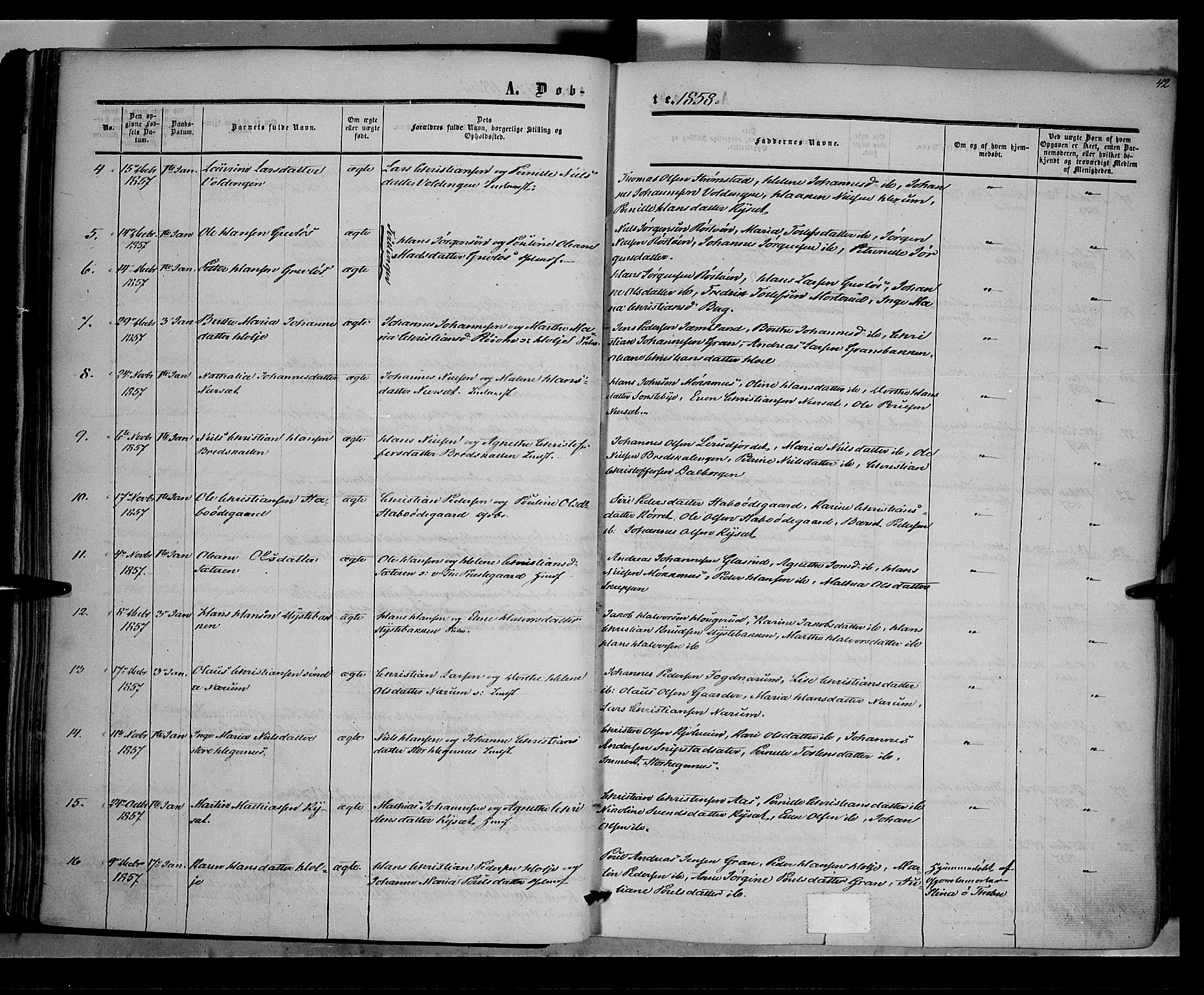 Vestre Toten prestekontor, SAH/PREST-108/H/Ha/Haa/L0006: Parish register (official) no. 6, 1856-1861, p. 42