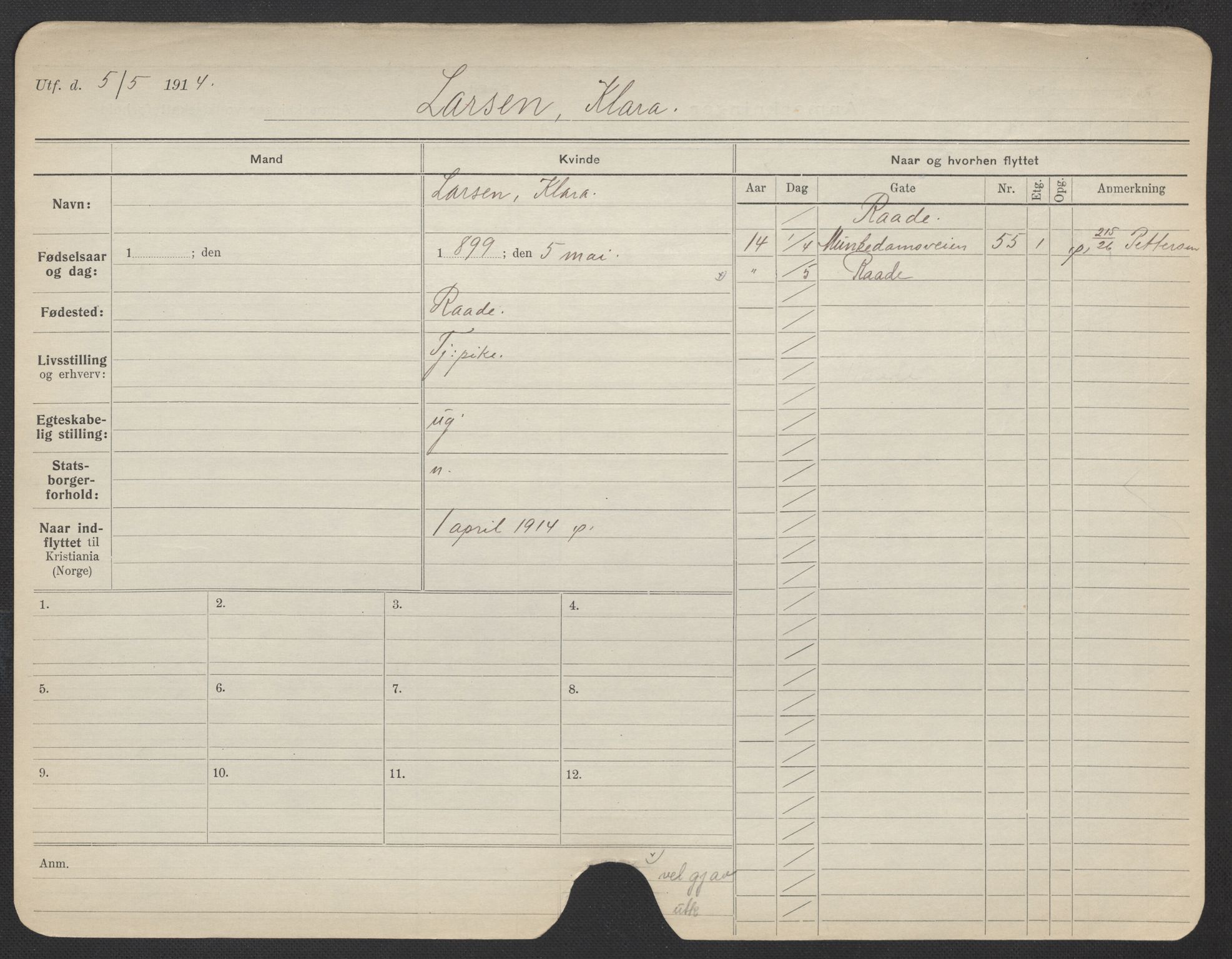 Oslo folkeregister, Registerkort, AV/SAO-A-11715/F/Fa/Fac/L0019: Kvinner, 1906-1914, p. 1010a