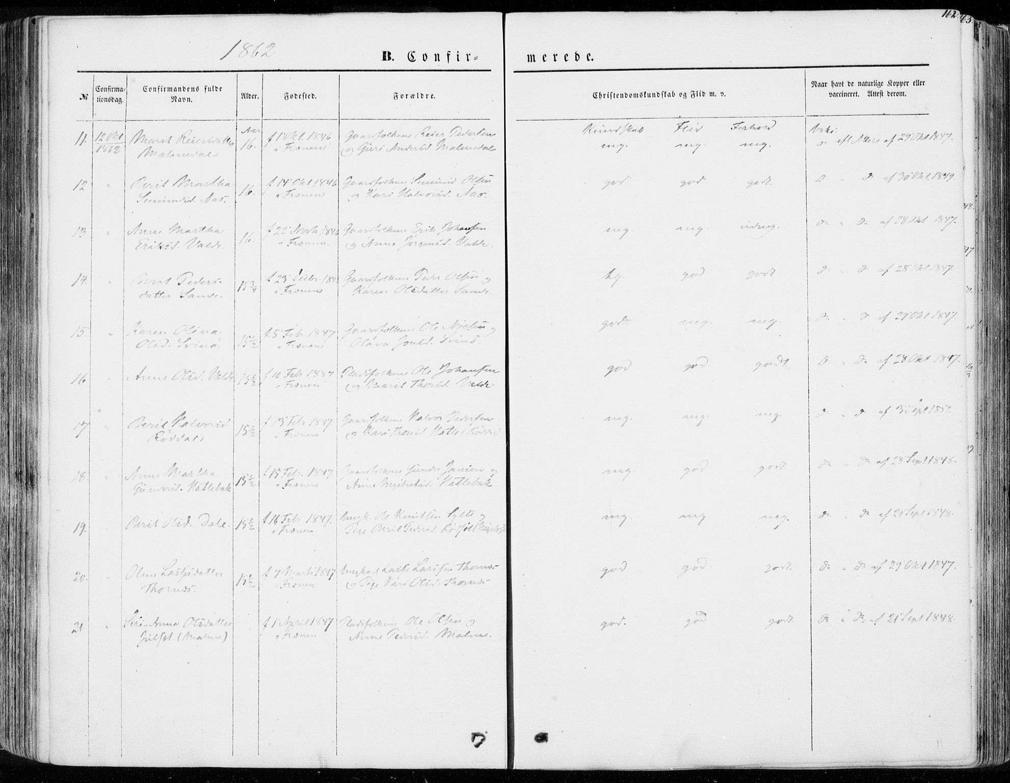 Ministerialprotokoller, klokkerbøker og fødselsregistre - Møre og Romsdal, SAT/A-1454/565/L0748: Parish register (official) no. 565A02, 1845-1872, p. 162