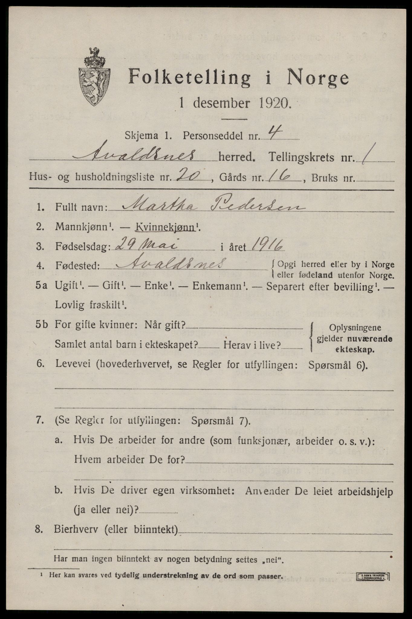 SAST, 1920 census for Avaldsnes, 1920, p. 1647