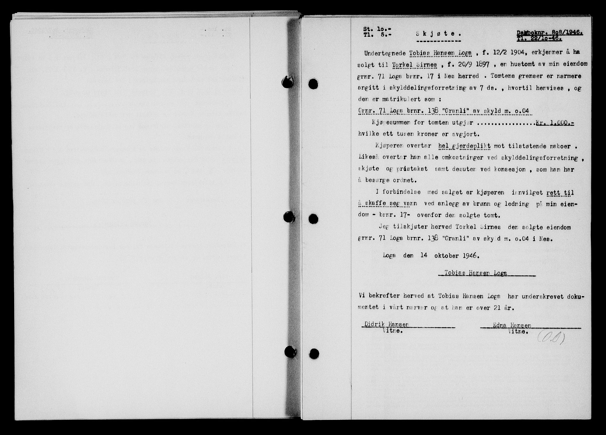 Flekkefjord sorenskriveri, AV/SAK-1221-0001/G/Gb/Gba/L0061: Mortgage book no. A-9, 1946-1947, Diary no: : 808/1946