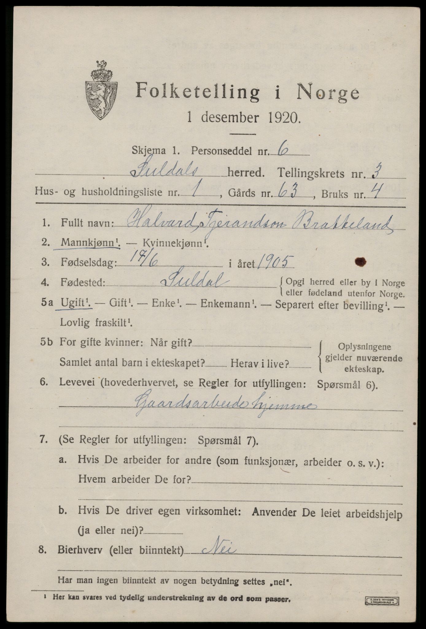 SAST, 1920 census for Suldal, 1920, p. 918