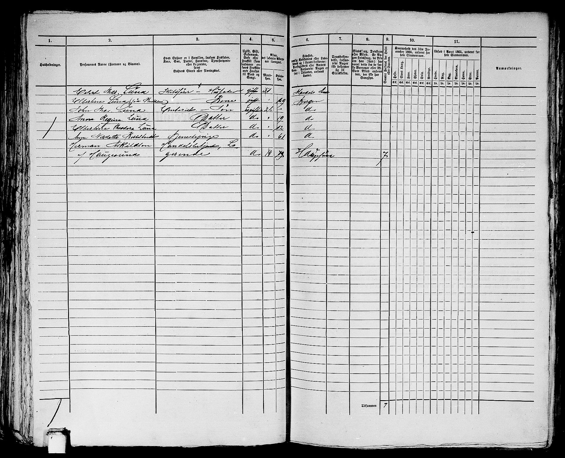 RA, 1865 census for Bergen, 1865, p. 2182