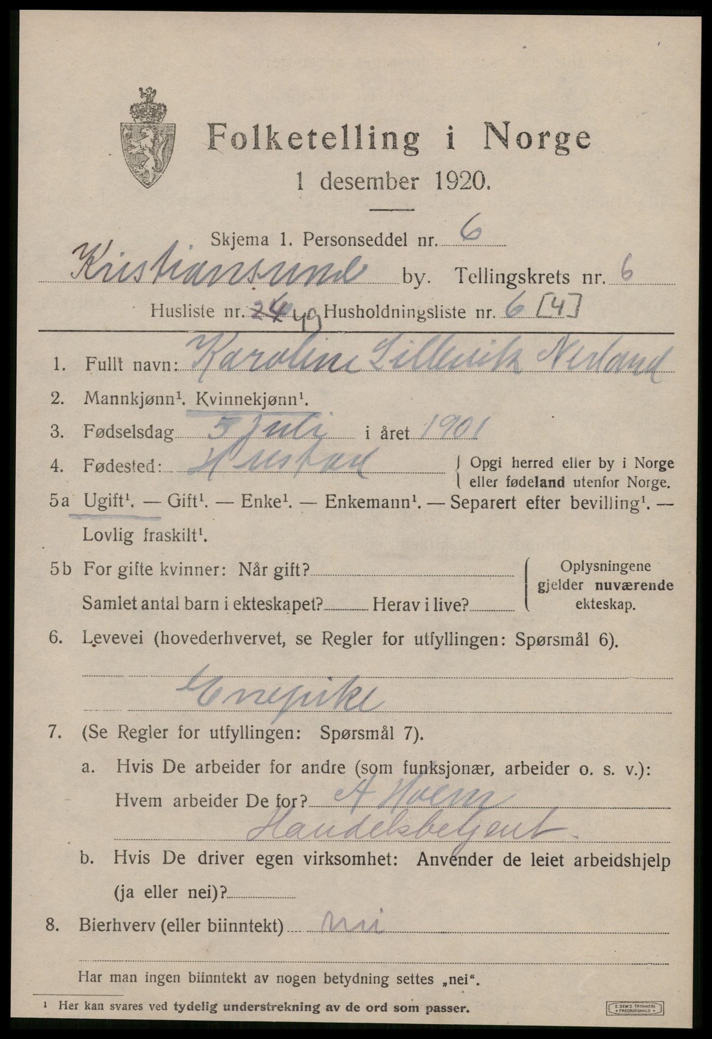 SAT, 1920 census for Kristiansund, 1920, p. 18043