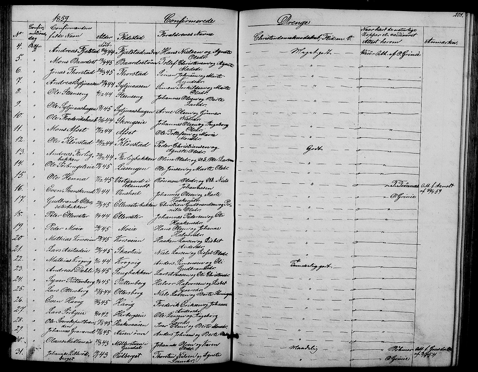 Ringsaker prestekontor, AV/SAH-PREST-014/L/La/L0006: Parish register (copy) no. 6, 1851-1860, p. 208