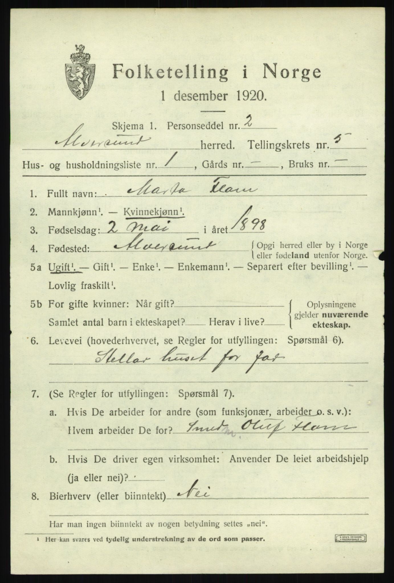 SAB, 1920 census for Alversund, 1920, p. 3856