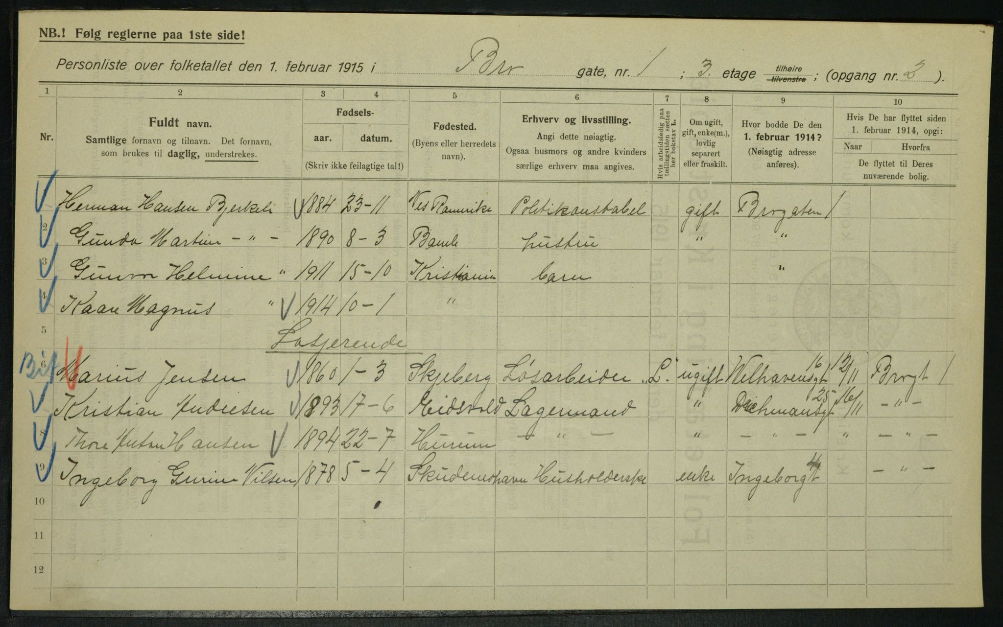 OBA, Municipal Census 1915 for Kristiania, 1915, p. 9619