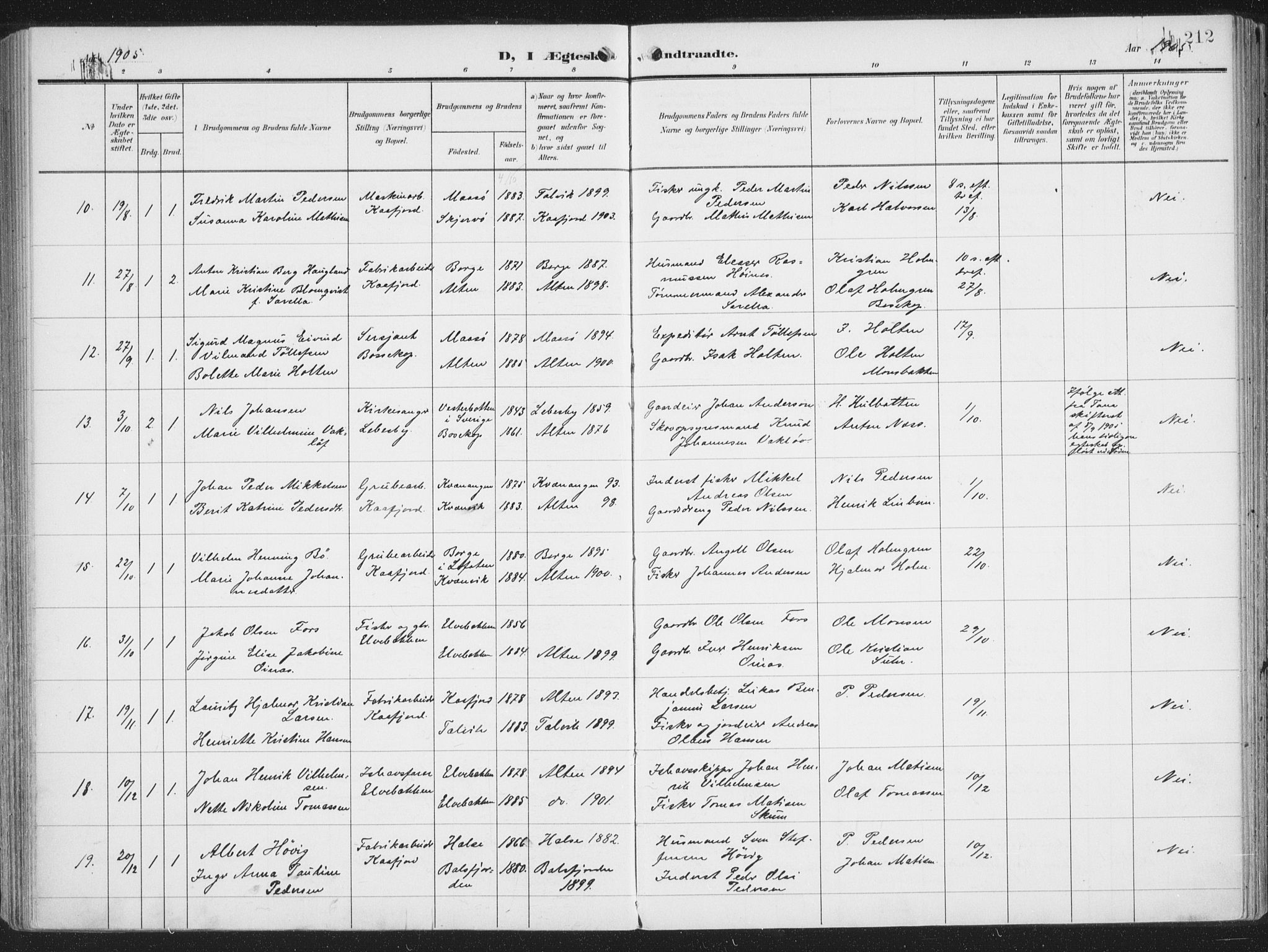 Alta sokneprestkontor, AV/SATØ-S-1338/H/Ha/L0005.kirke: Parish register (official) no. 5, 1904-1918, p. 212