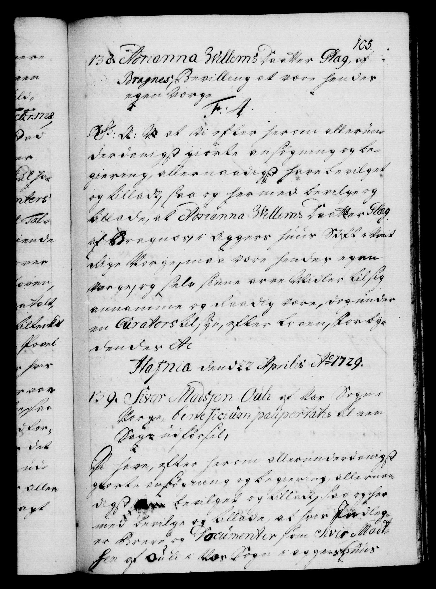 Danske Kanselli 1572-1799, AV/RA-EA-3023/F/Fc/Fca/Fcaa/L0026: Norske registre, 1729-1730, p. 105a