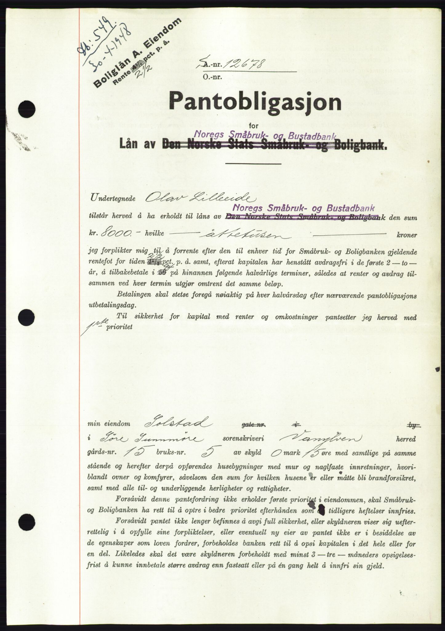 Søre Sunnmøre sorenskriveri, AV/SAT-A-4122/1/2/2C/L0115: Mortgage book no. 3B, 1947-1948, Diary no: : 549/1948