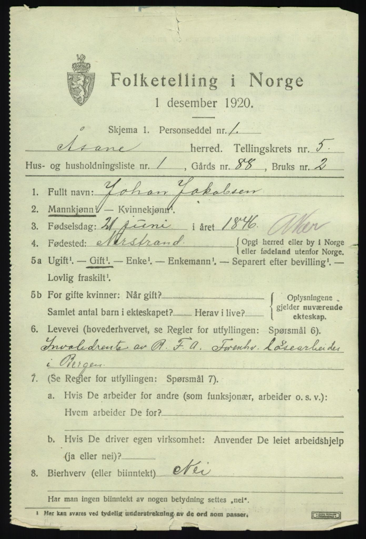 SAB, 1920 census for Åsane, 1920, p. 2847