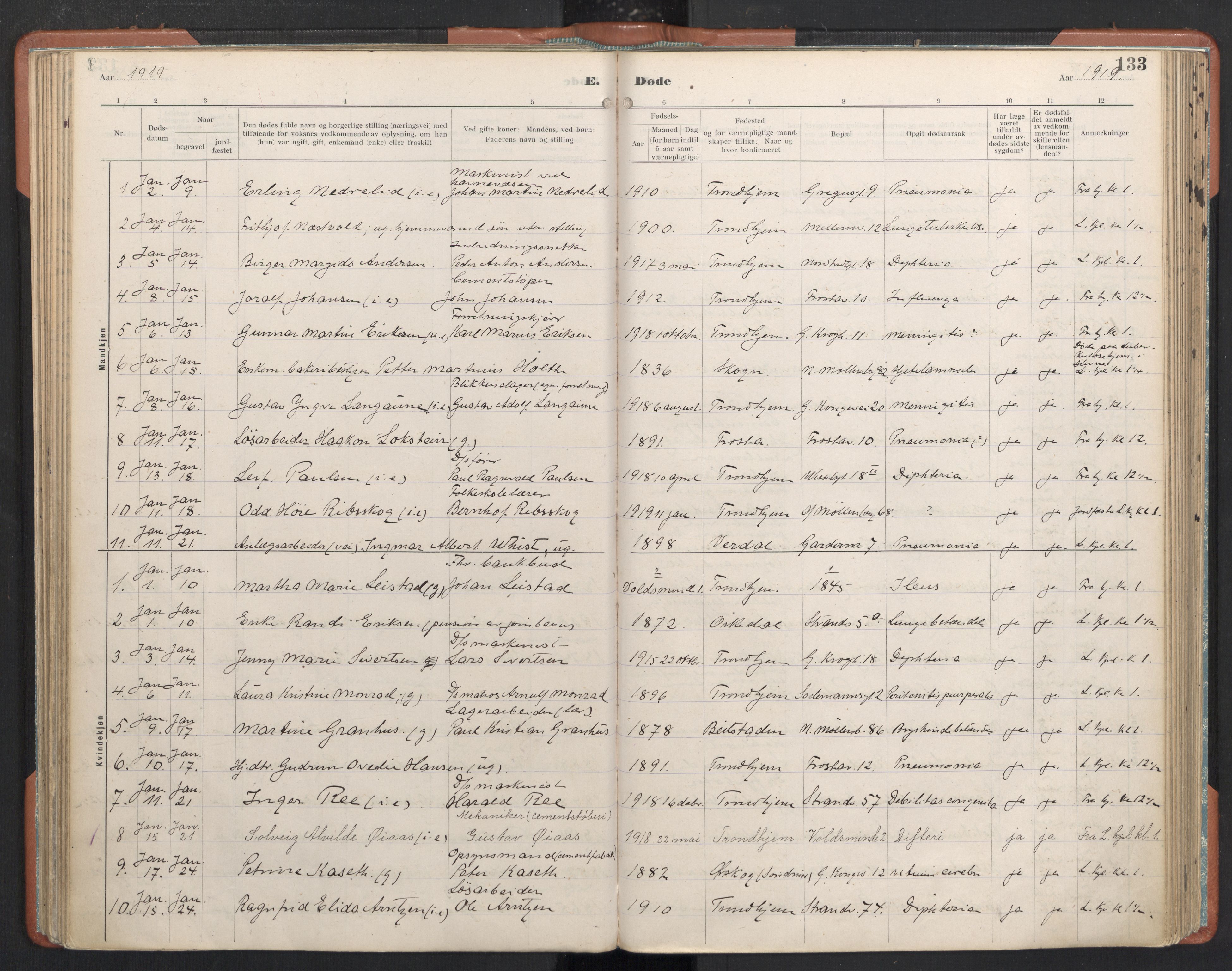 Ministerialprotokoller, klokkerbøker og fødselsregistre - Sør-Trøndelag, SAT/A-1456/605/L0245: Parish register (official) no. 605A07, 1916-1938, p. 133
