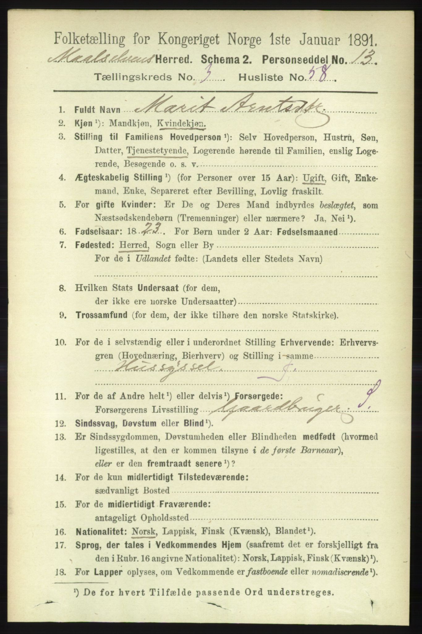 RA, 1891 census for 1924 Målselv, 1891, p. 1005