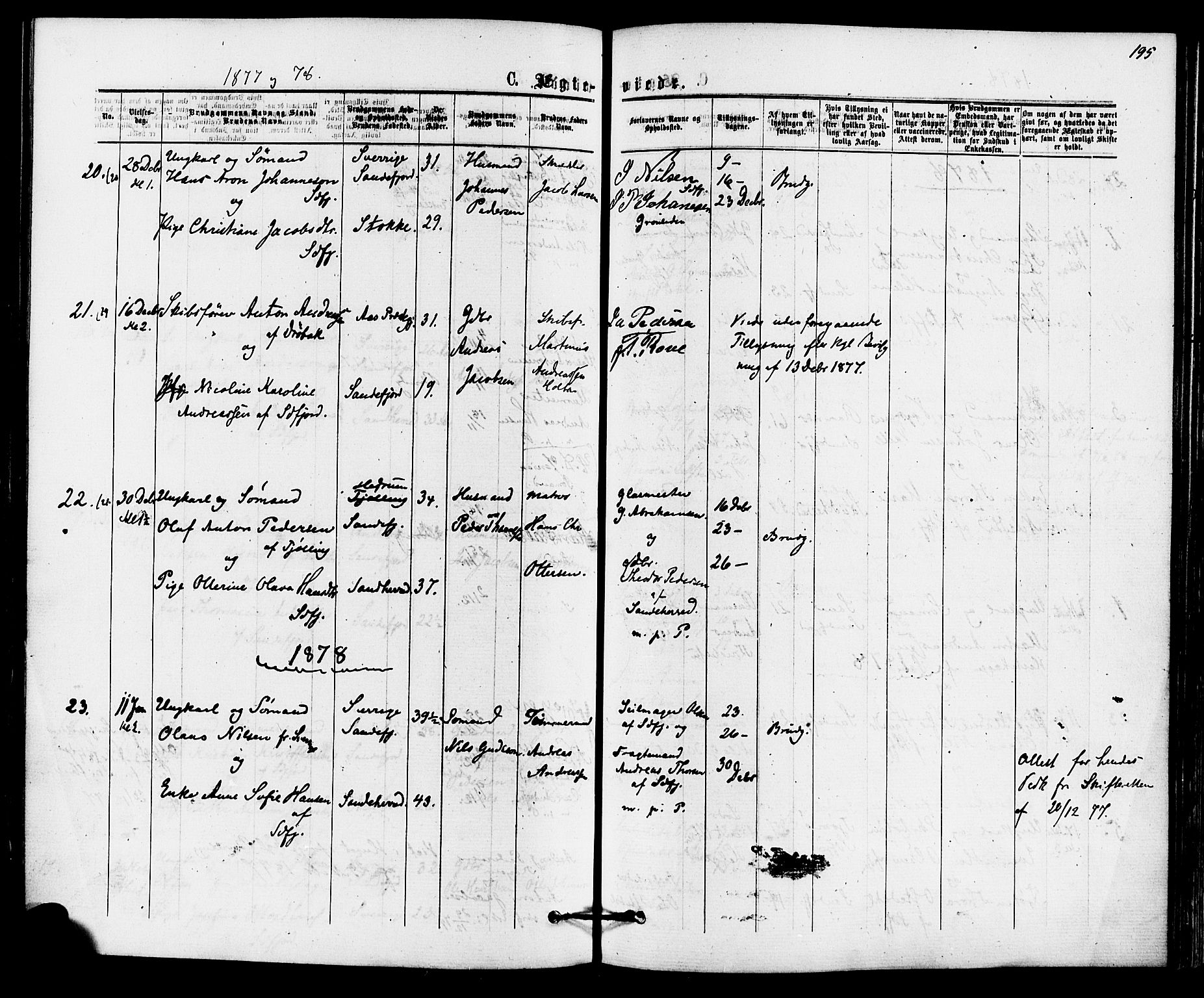 Sandefjord kirkebøker, AV/SAKO-A-315/F/Fa/L0001: Parish register (official) no. 1, 1873-1879, p. 195