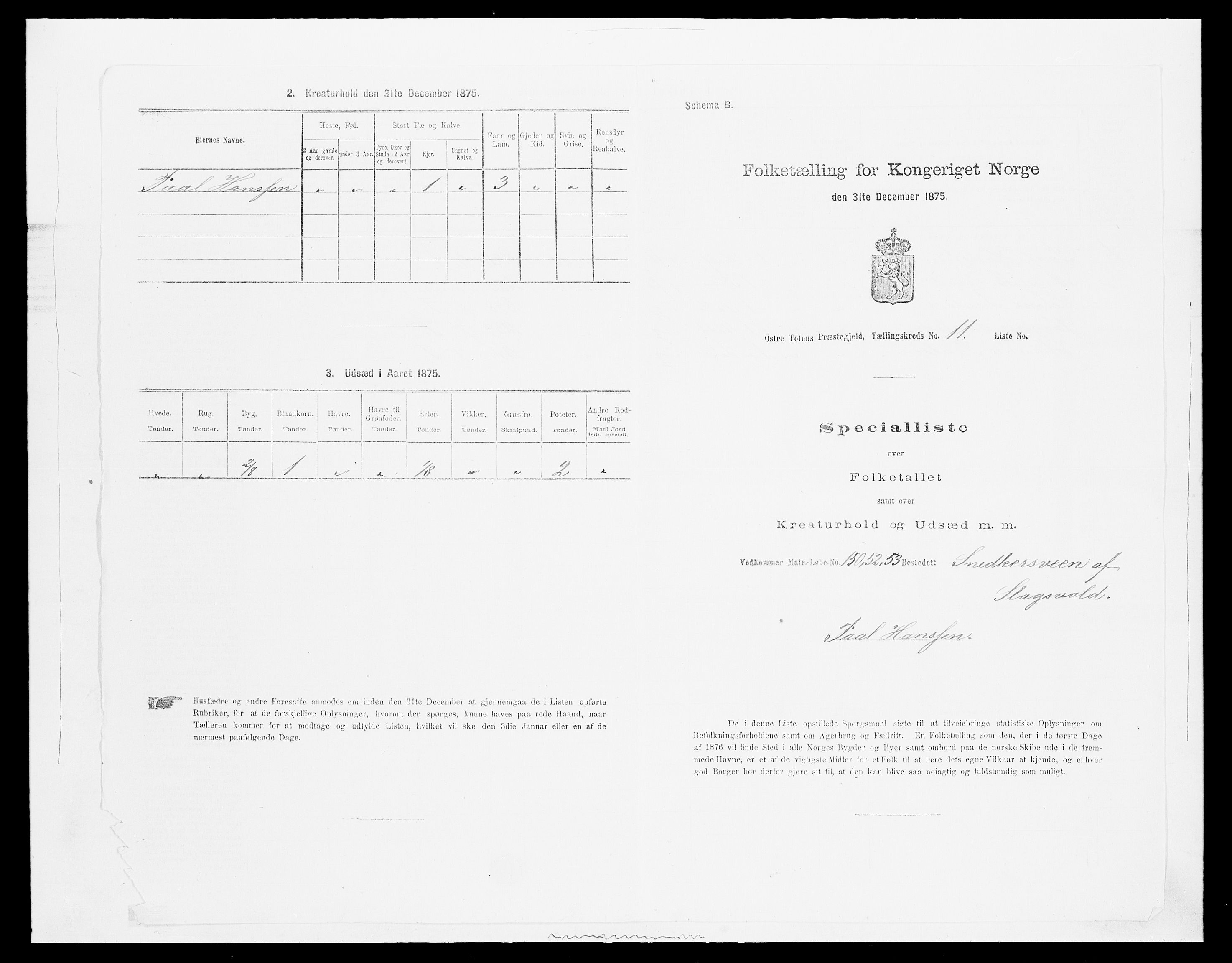 SAH, 1875 census for 0528P Østre Toten, 1875, p. 2182