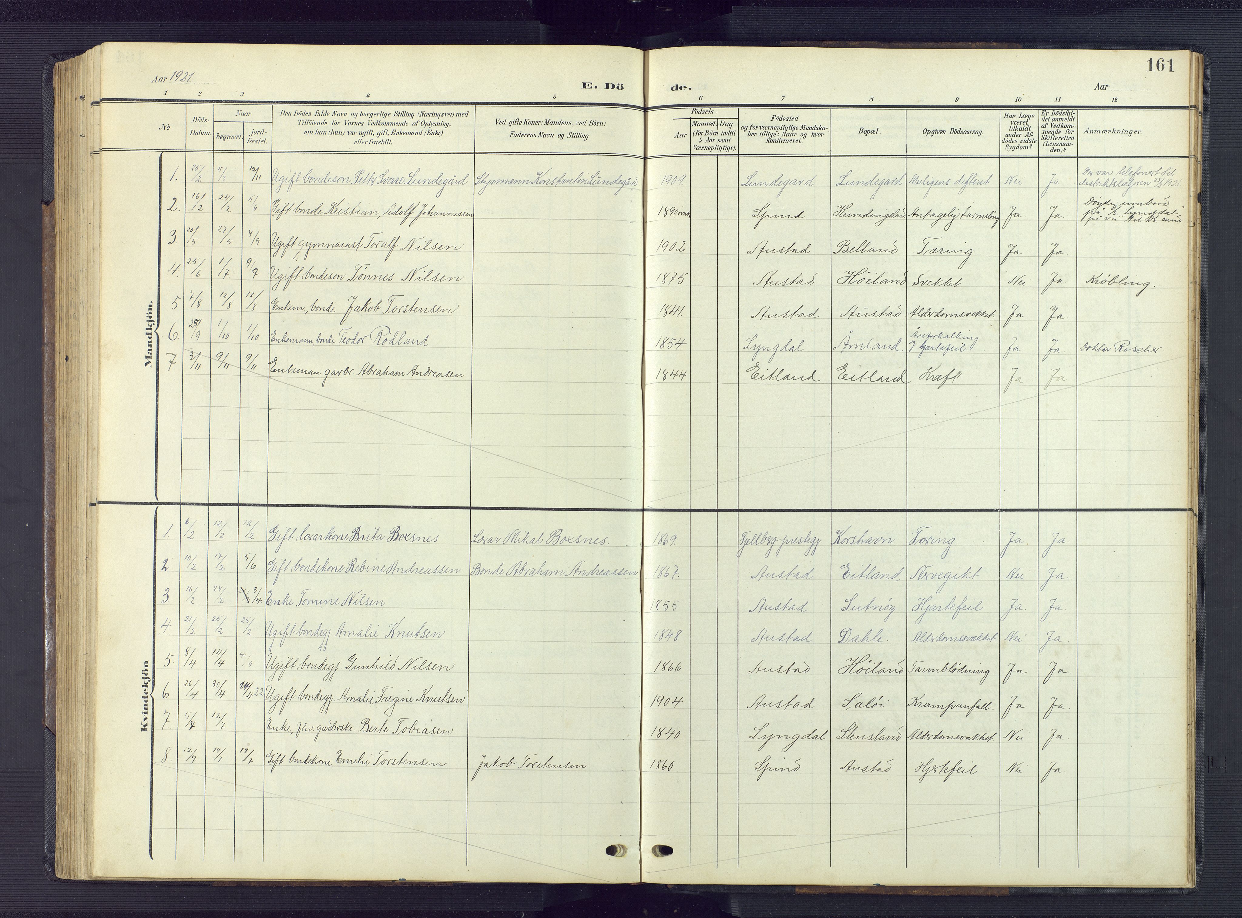 Lyngdal sokneprestkontor, AV/SAK-1111-0029/F/Fb/Fba/L0004: Parish register (copy) no. B 4, 1904-1950, p. 161