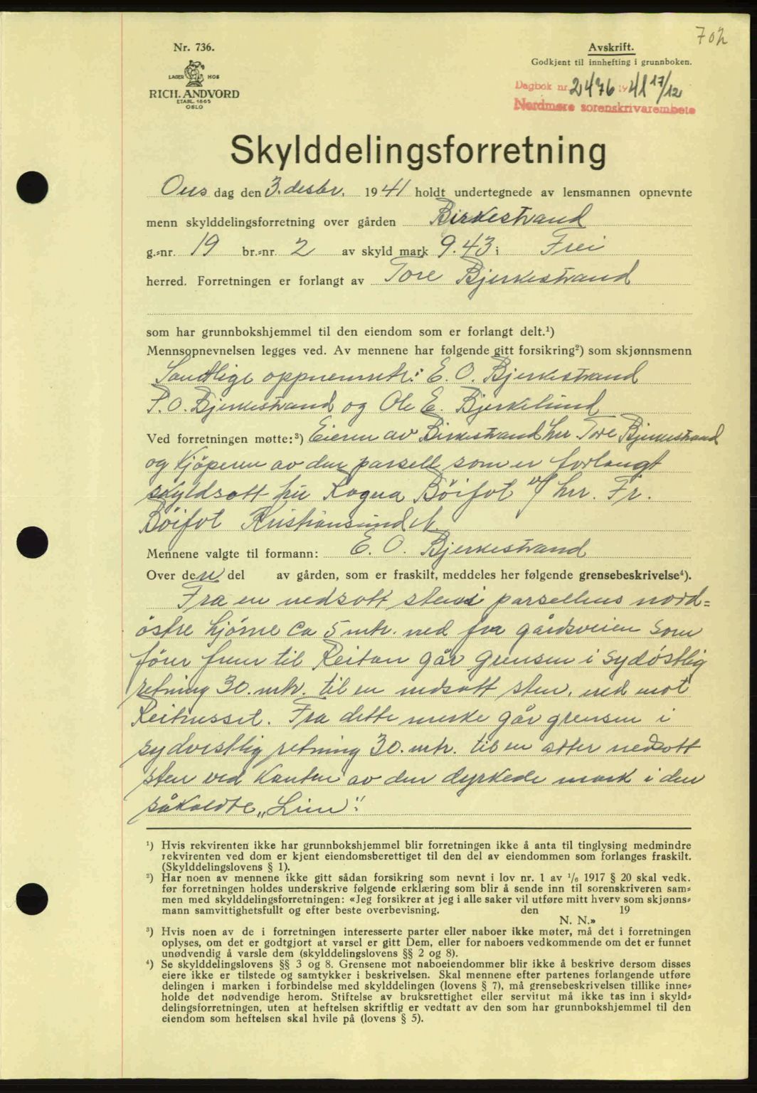 Nordmøre sorenskriveri, AV/SAT-A-4132/1/2/2Ca: Mortgage book no. A91, 1941-1942, Diary no: : 2476/1941