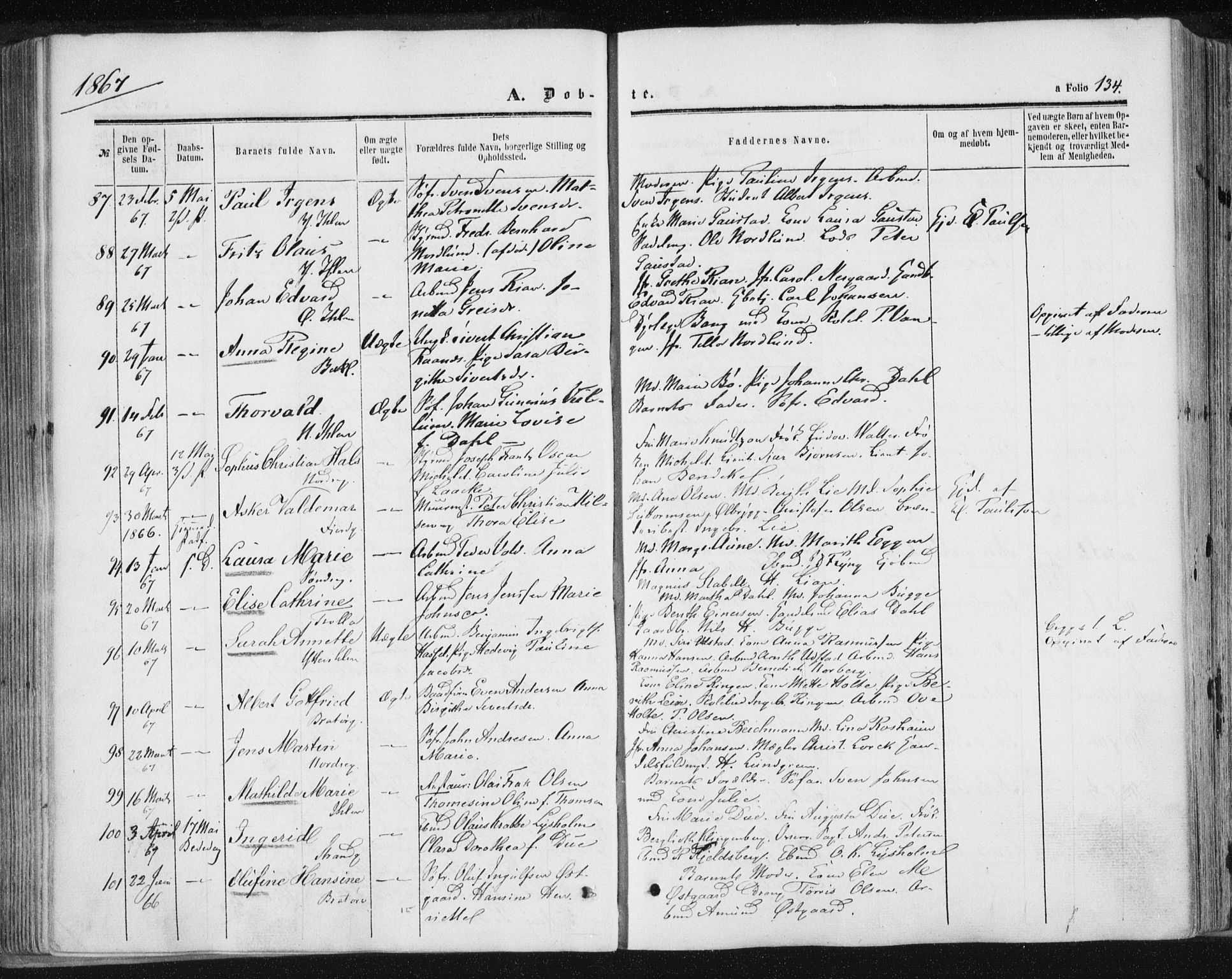 Ministerialprotokoller, klokkerbøker og fødselsregistre - Sør-Trøndelag, SAT/A-1456/602/L0115: Parish register (official) no. 602A13, 1860-1872, p. 134