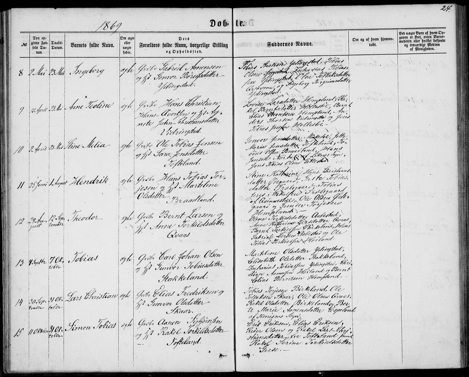Lyngdal sokneprestkontor, SAK/1111-0029/F/Fa/Fab/L0002: Parish register (official) no. A 2, 1861-1878, p. 24
