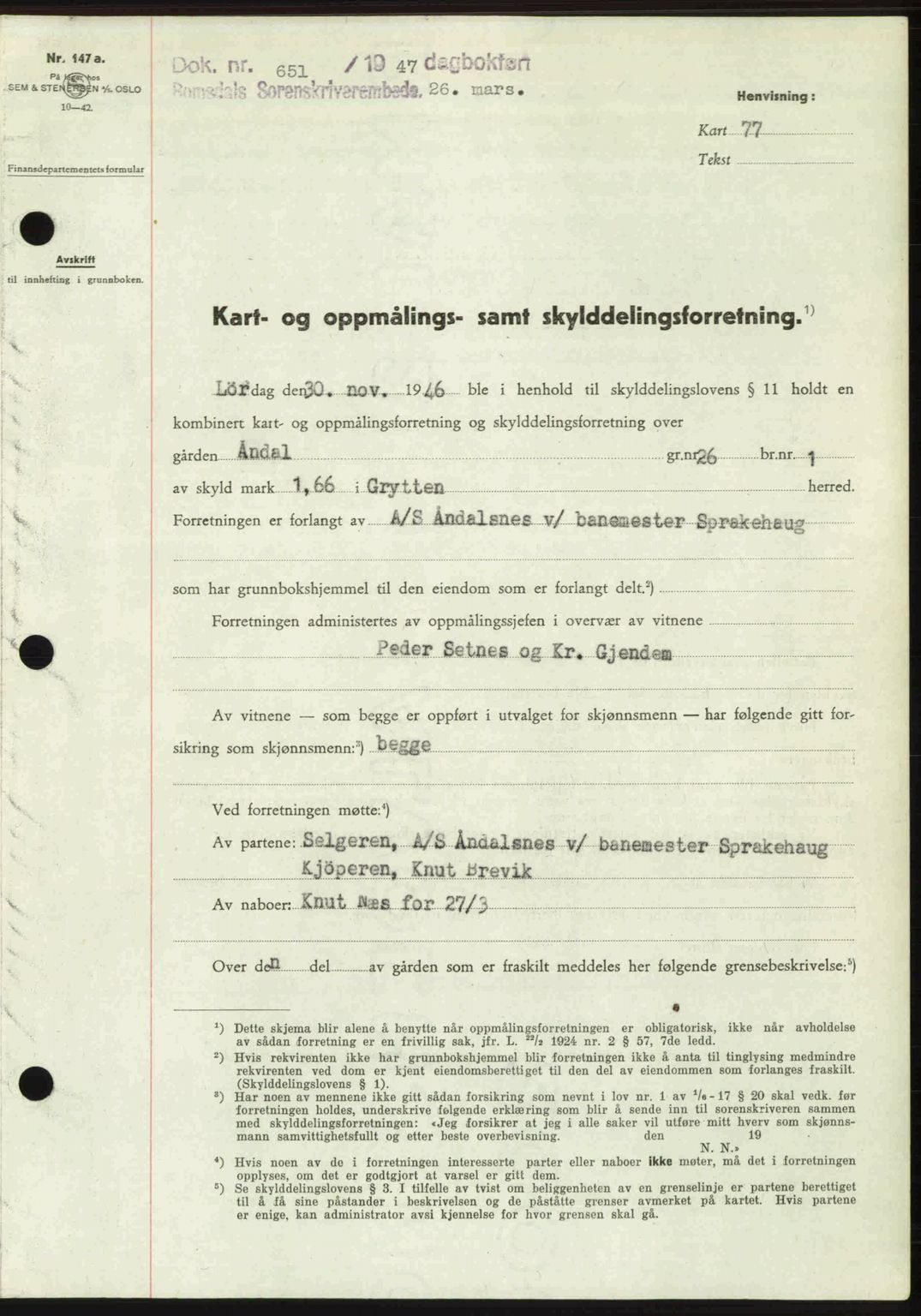 Romsdal sorenskriveri, SAT/A-4149/1/2/2C: Mortgage book no. A22, 1947-1947, Diary no: : 651/1947