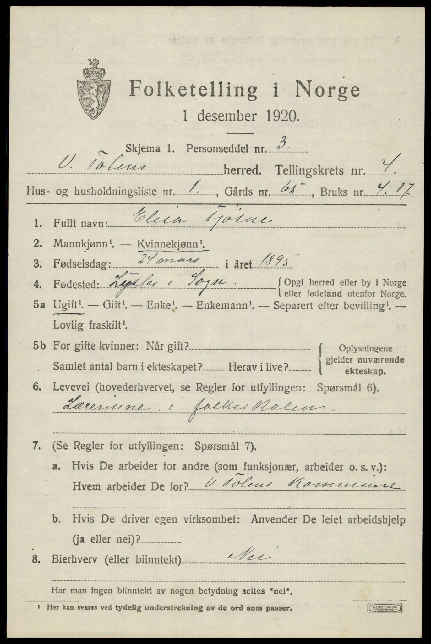 SAH, 1920 census for Vestre Toten, 1920, p. 5554