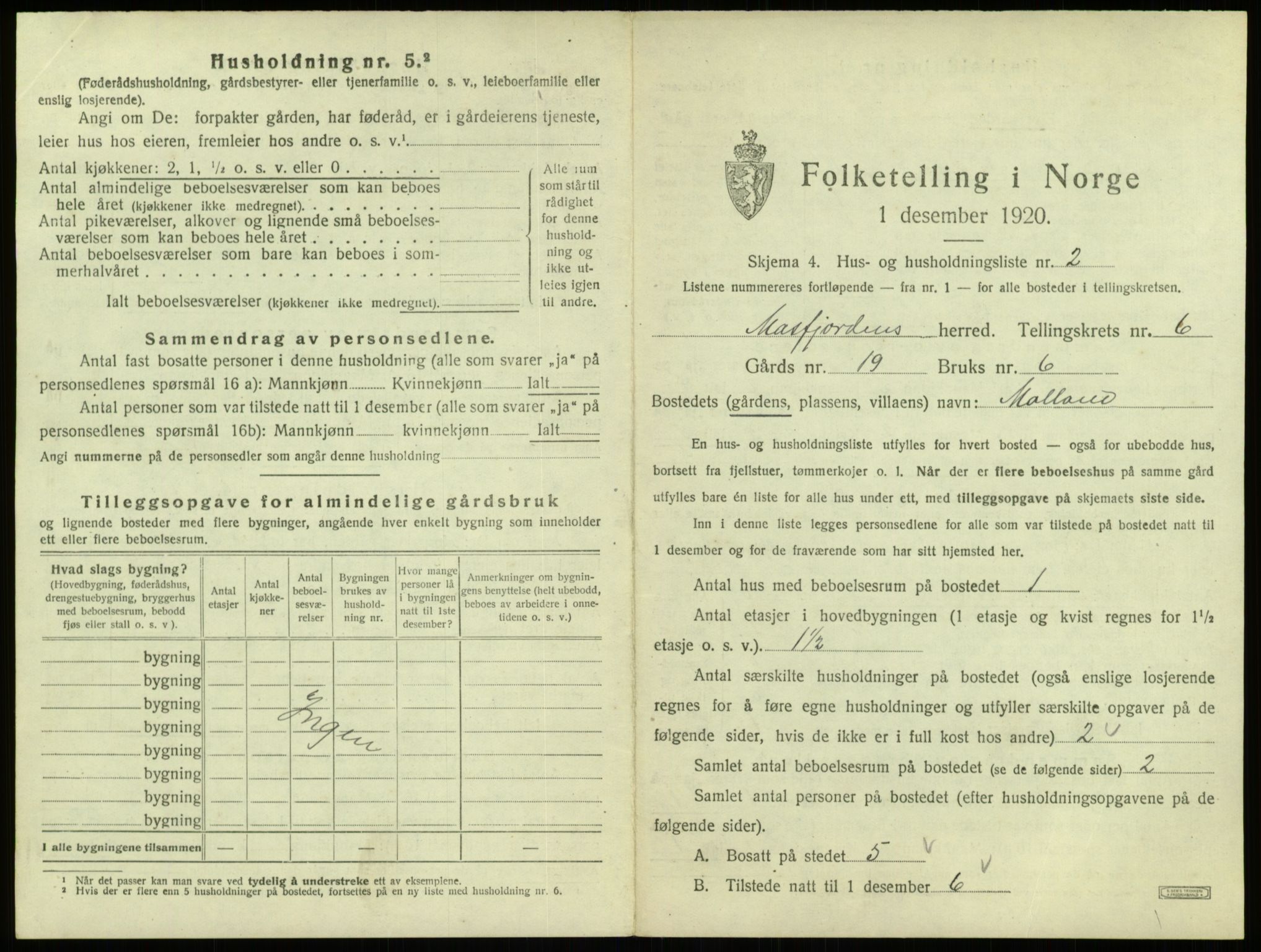 SAB, 1920 census for Masfjorden, 1920, p. 289