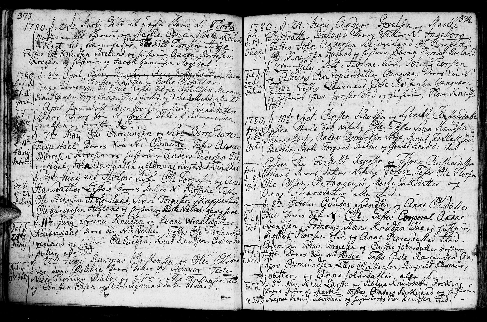 Holum sokneprestkontor, AV/SAK-1111-0022/F/Fa/Fac/L0001: Parish register (official) no. A 1, 1773-1820, p. 373-374