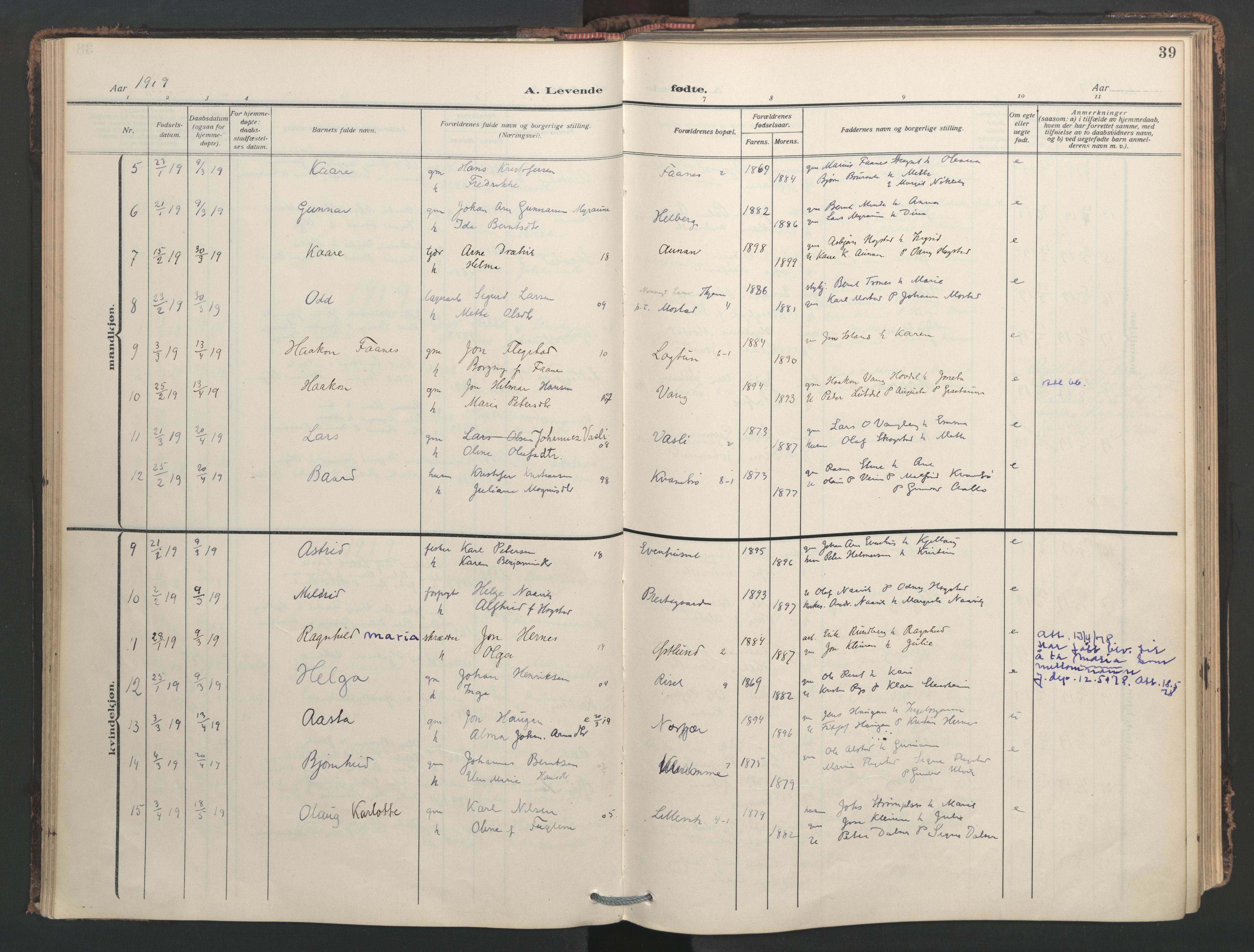 Ministerialprotokoller, klokkerbøker og fødselsregistre - Nord-Trøndelag, AV/SAT-A-1458/713/L0123: Parish register (official) no. 713A12, 1911-1925, p. 39