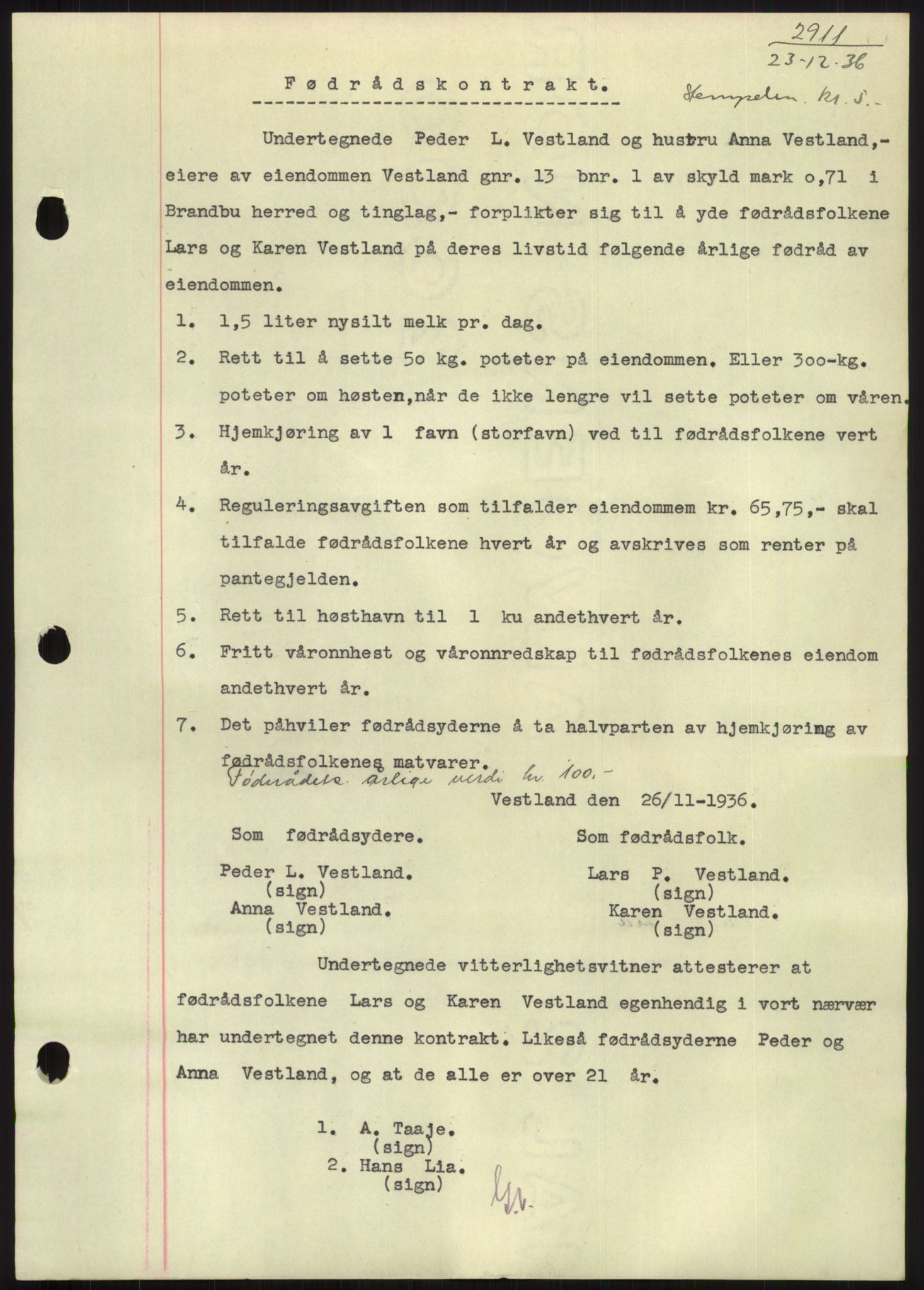 Hadeland og Land tingrett, AV/SAH-TING-010/H/Hb/Hbc/L0002: Mortgage book no. B2, 1936-1937, Diary no: : 2911/1936