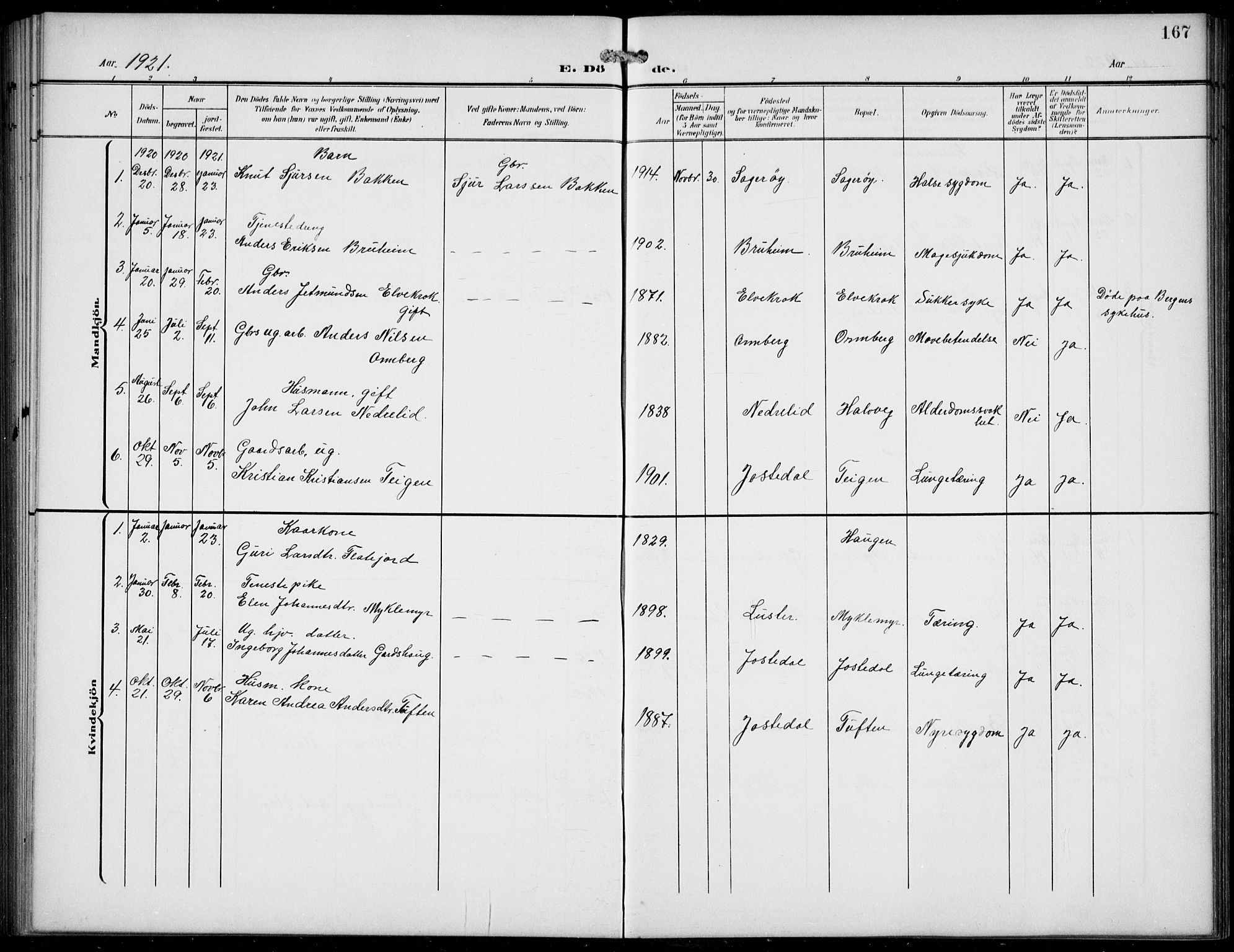 Jostedal sokneprestembete, AV/SAB-A-80601/H/Hab/Haba/L0002: Parish register (copy) no. A 2, 1907-1931, p. 167