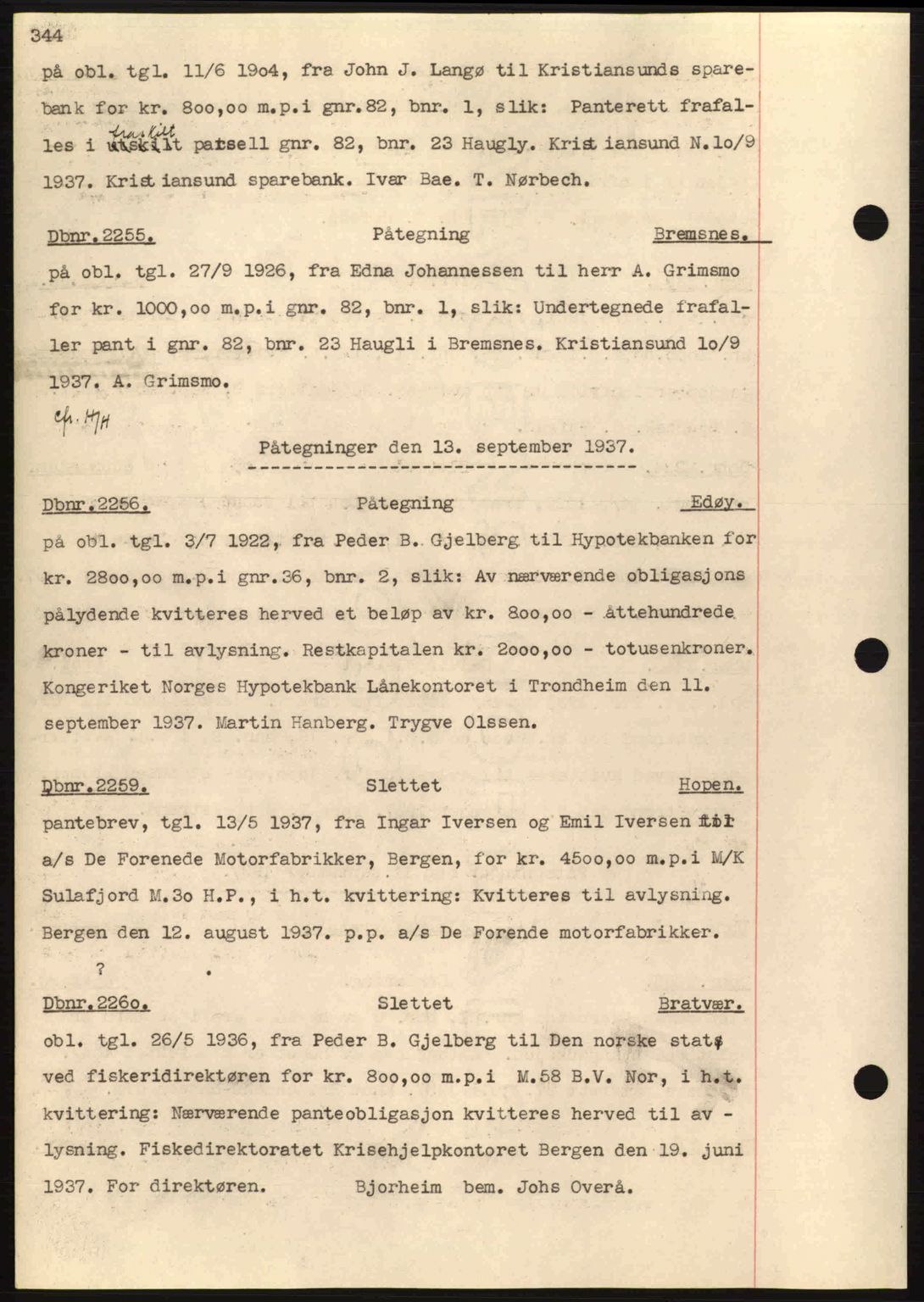 Nordmøre sorenskriveri, AV/SAT-A-4132/1/2/2Ca: Mortgage book no. C80, 1936-1939, Diary no: : 2255/1937