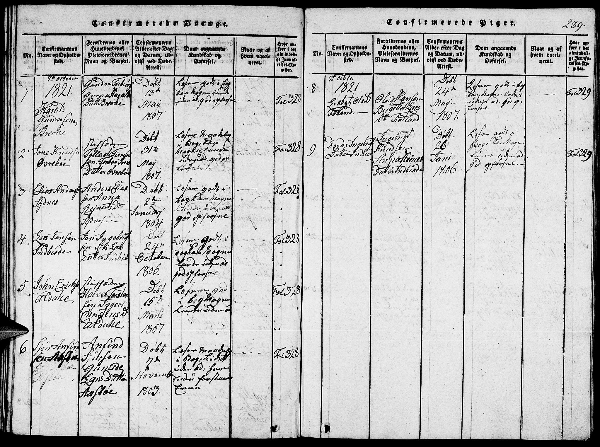 Fjelberg sokneprestembete, SAB/A-75201/H/Hab: Parish register (copy) no. A 1, 1816-1823, p. 239