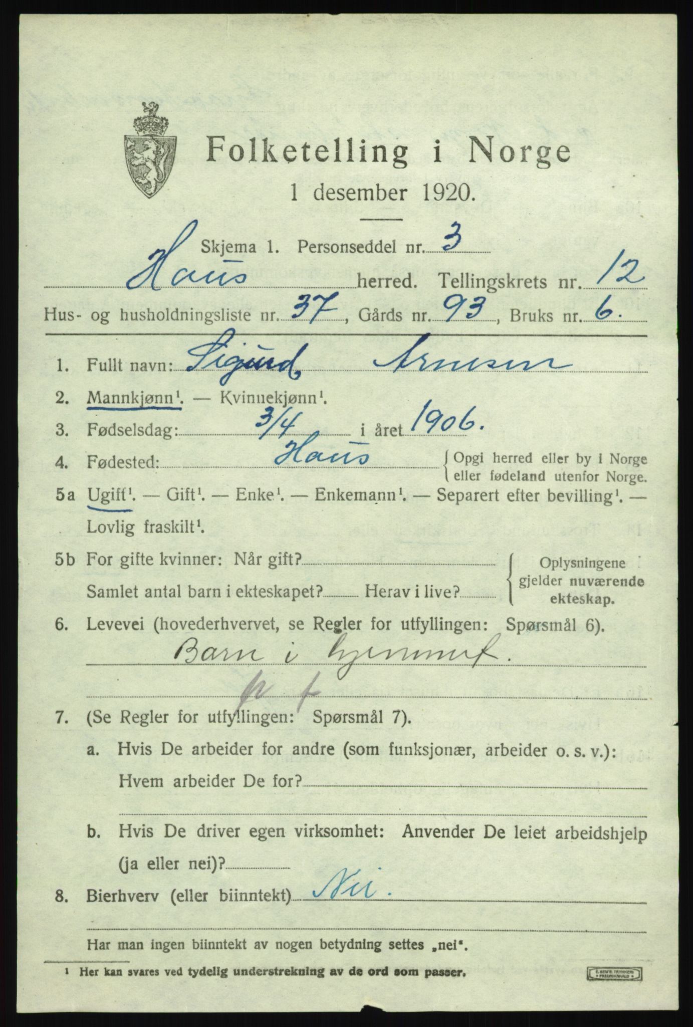 SAB, 1920 census for Haus, 1920, p. 7943