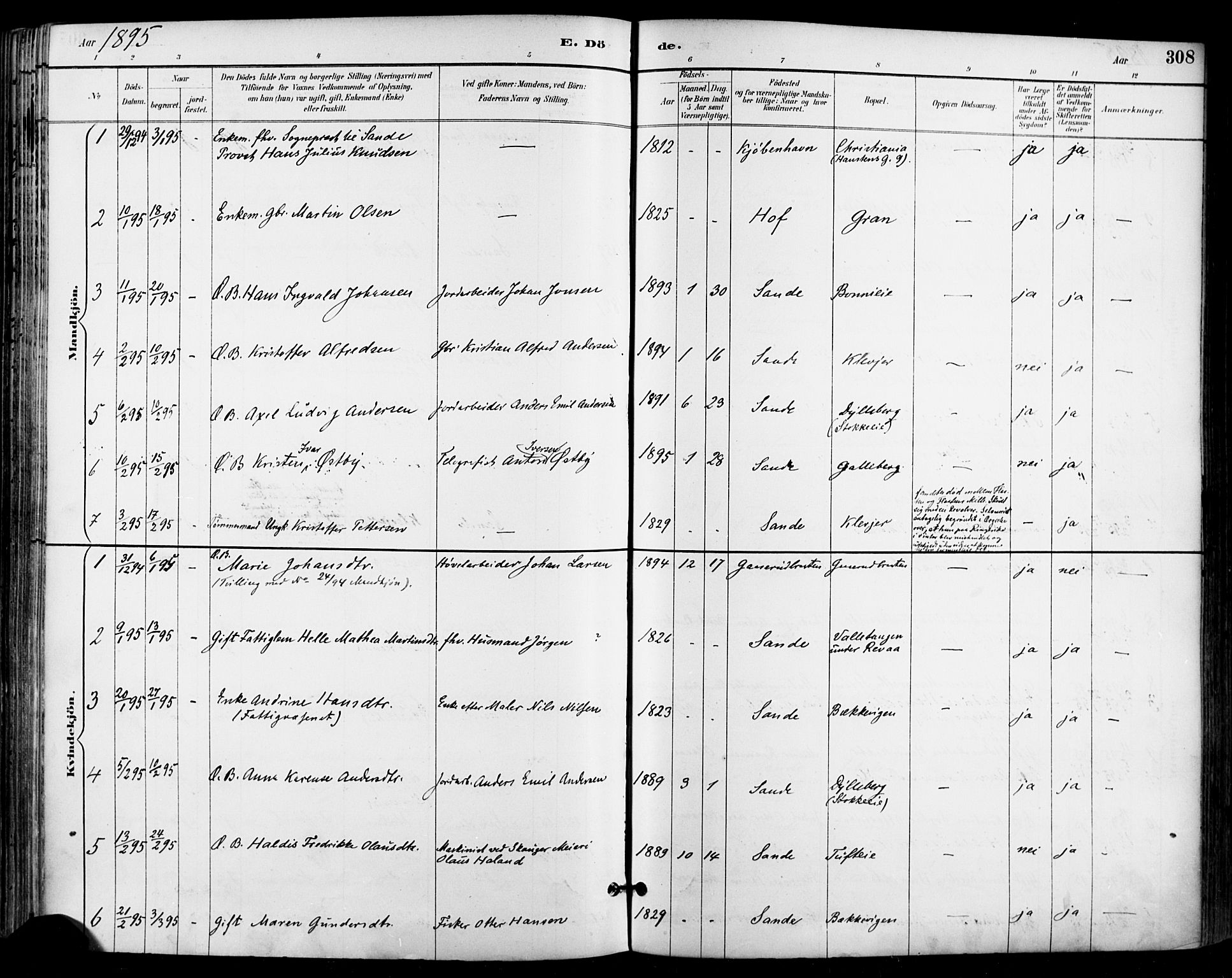 Sande Kirkebøker, SAKO/A-53/F/Fa/L0007: Parish register (official) no. 7, 1888-1903, p. 308